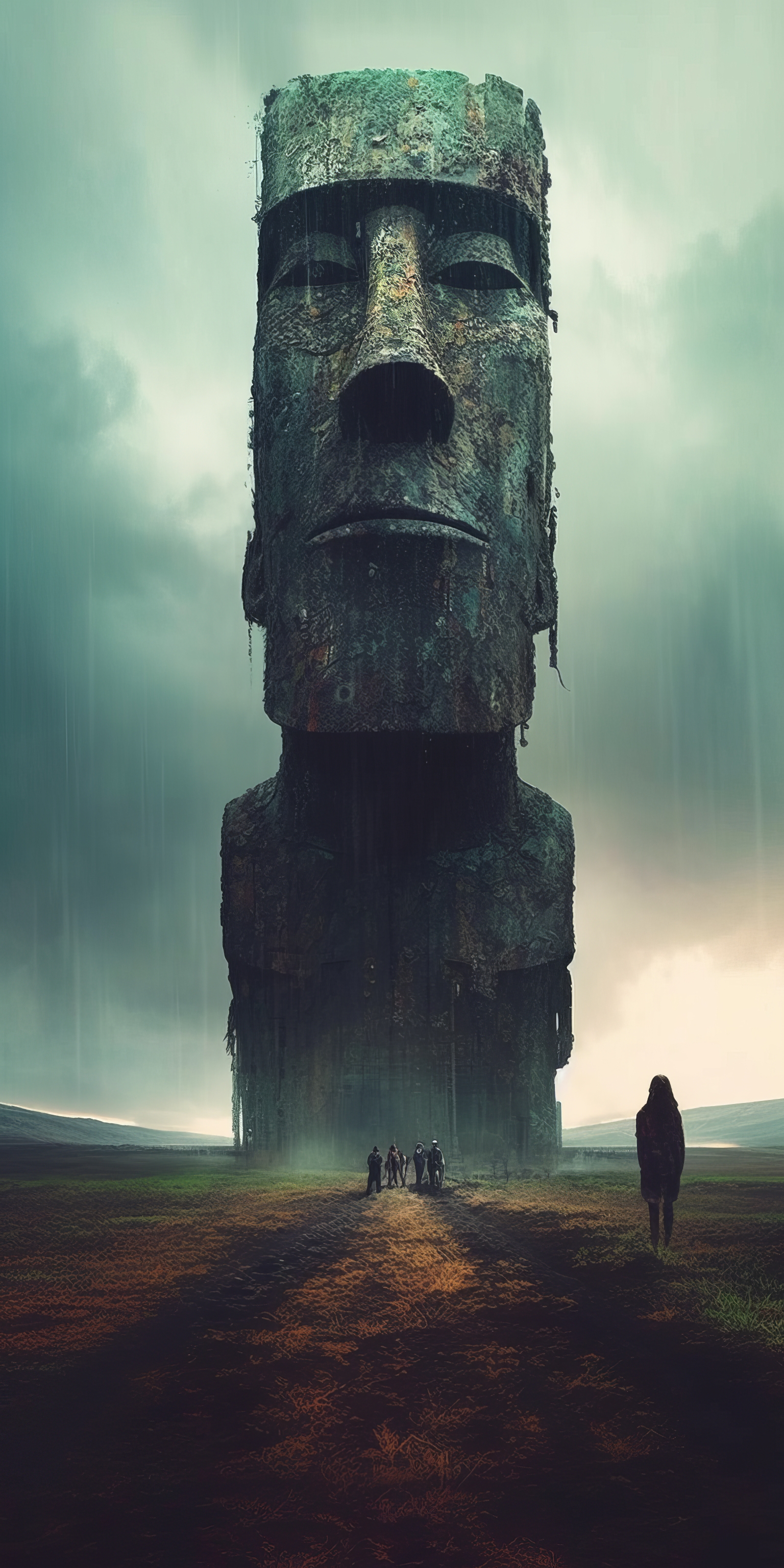 General 1536x3072 AI art portrait display Easter Island Moai illustration statue face frontal view sky clouds