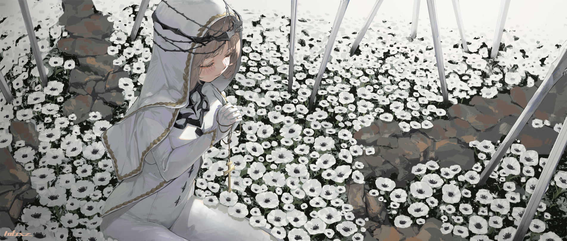Anime 1903x810 anime anime girls flowers closed eyes nuns nun outfit praying cross