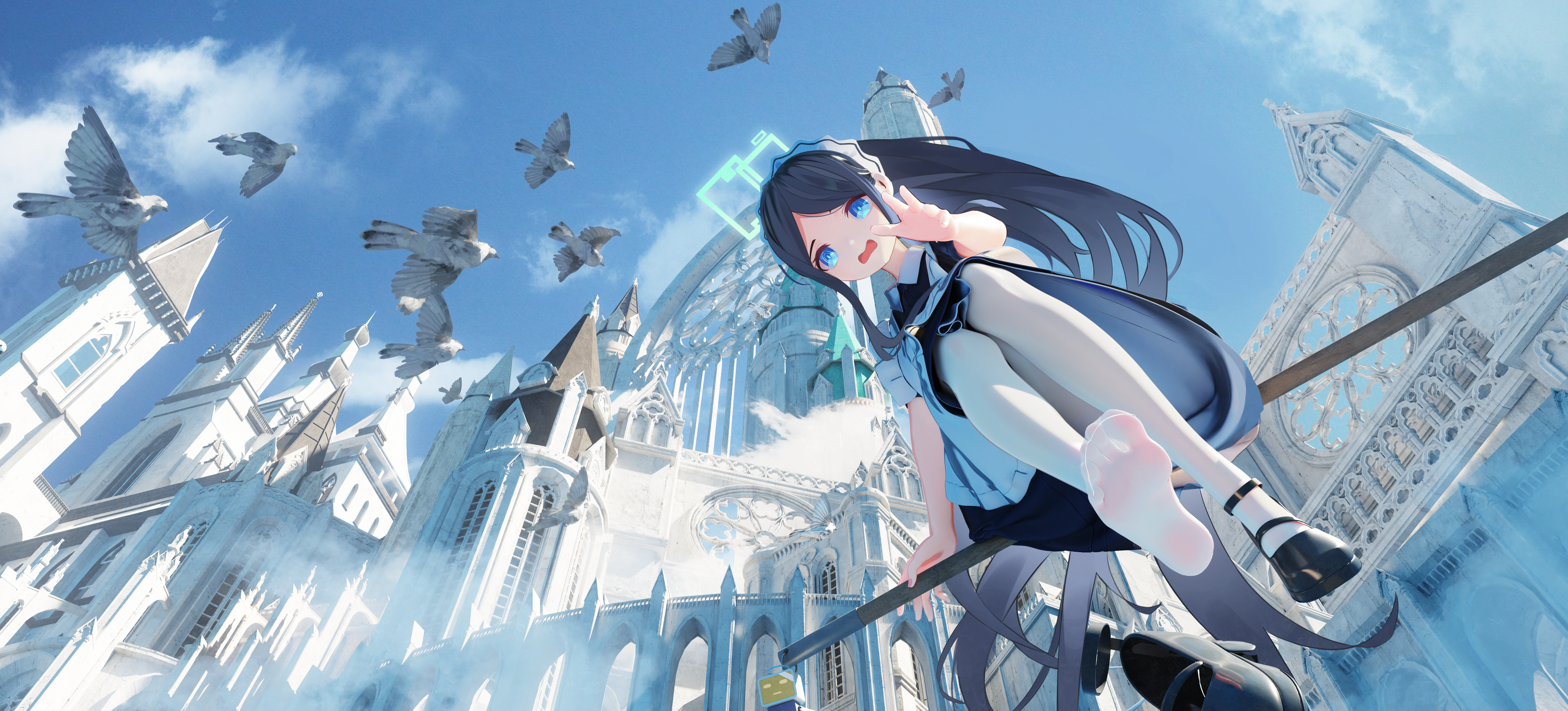 Anime 5760x2610 feet pantyhose shoes looking at viewer Tendou Alice Blue Archive architecture low-angle building looking below sky maid clouds blue eyes long hair maid outfit anime girls birds open mouth arms reaching animals flying castle anime Mrito00