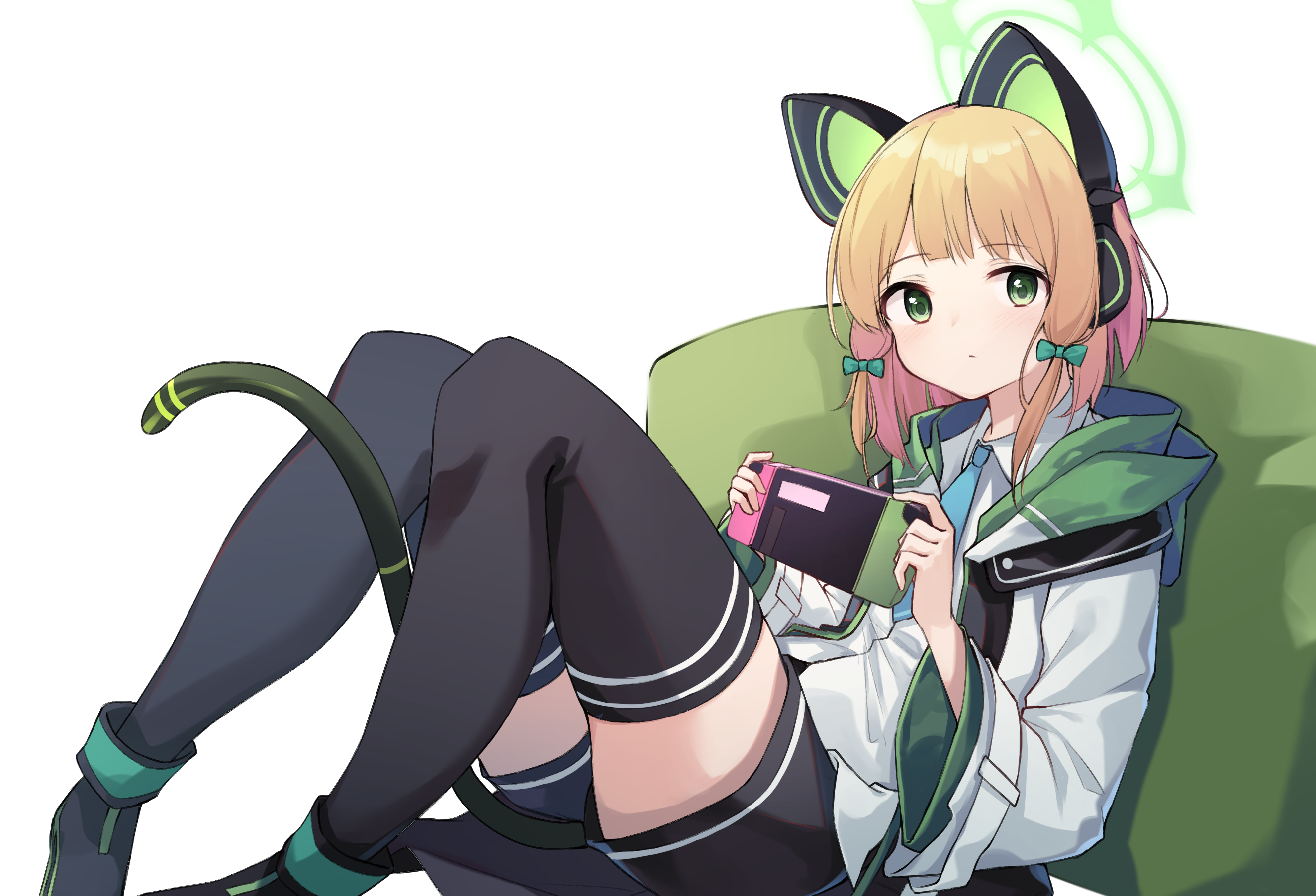 Anime 2646x1802 anime anime girls digital art artwork 2D Pixiv looking at viewer green eyes blonde pink hair multi-colored hair Nintendo Switch cat girl cat ears cat tail stockings white background simple background bow tie