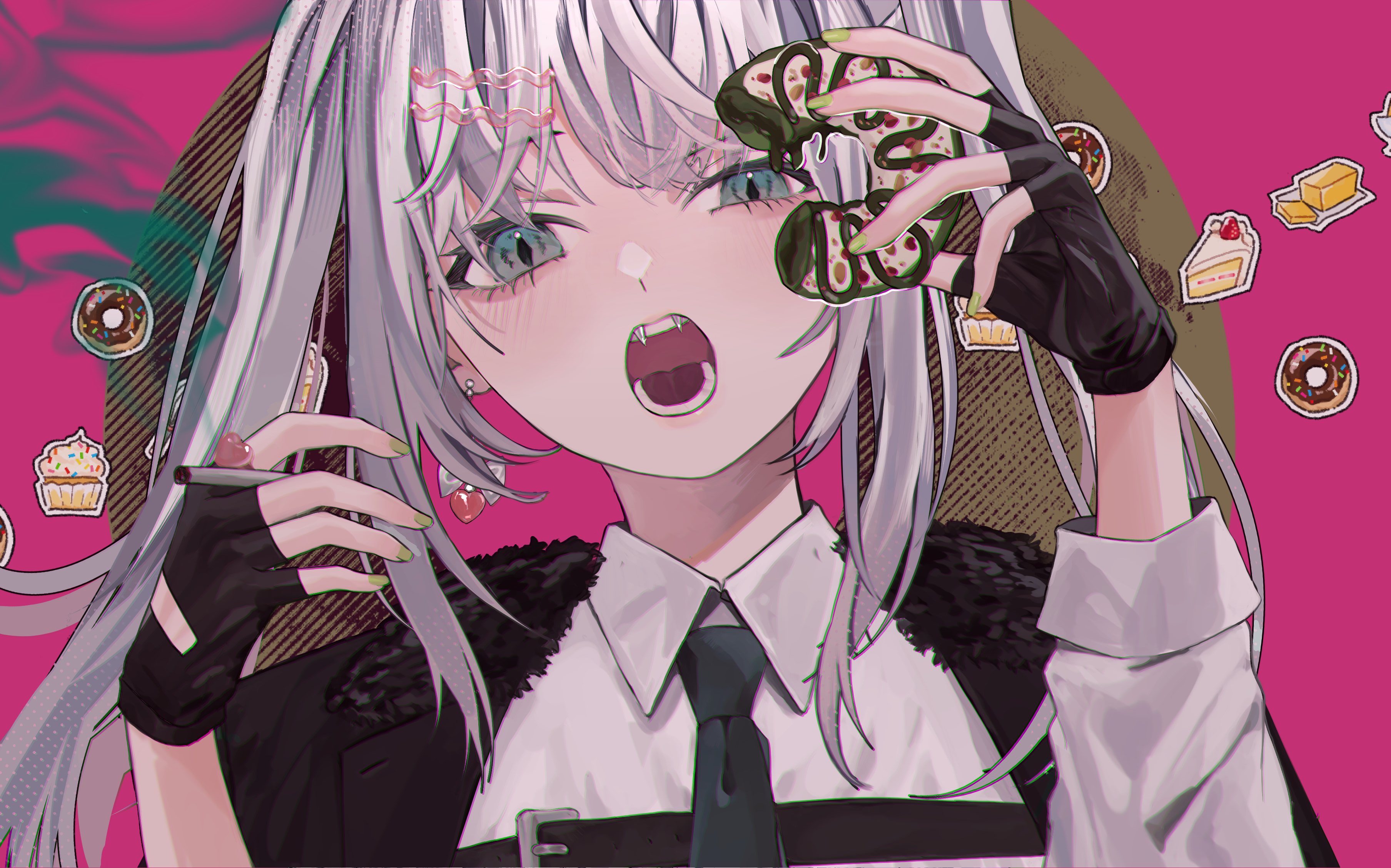 Anime 3615x2257 cigarettes donut anime girls fangs blue eyes simple background looking at viewer long hair gloves fingerless gloves cake cupcakes sweets open mouth white hair Akakura