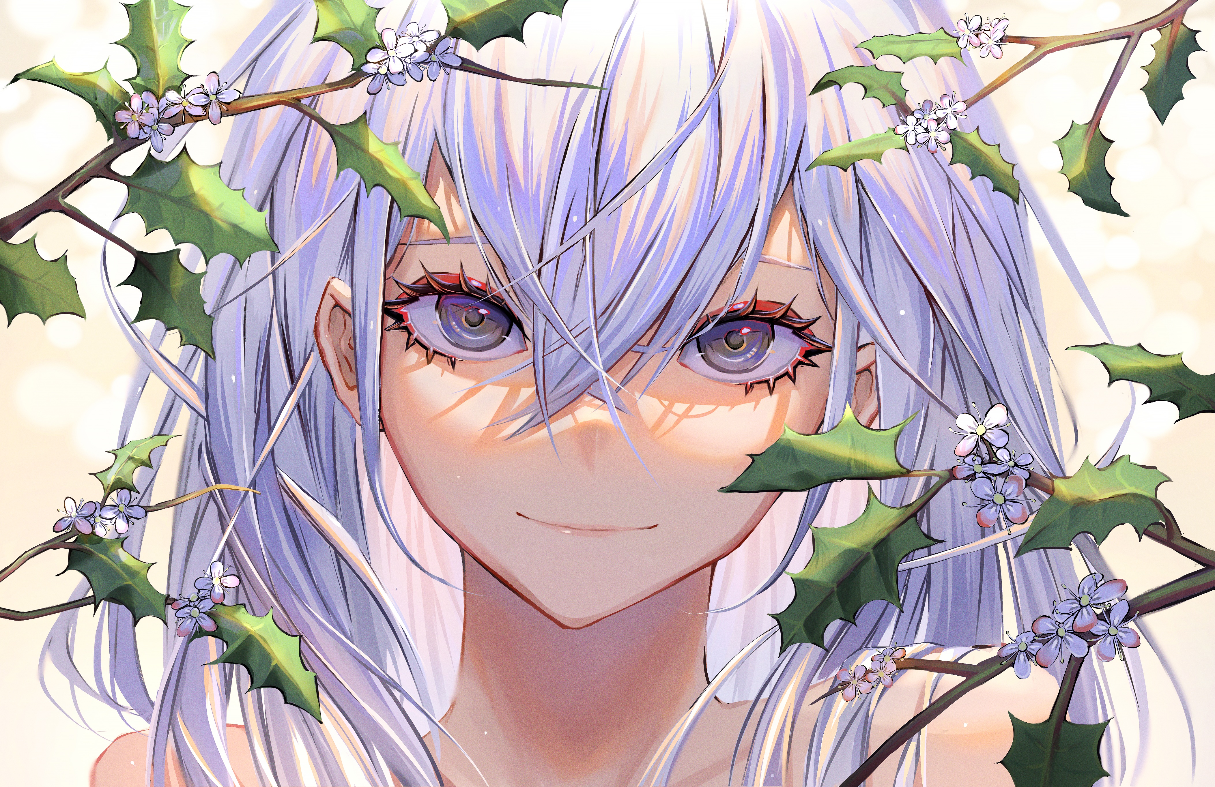Anime 4210x2728 gweni original characters anime girls leaves branch looking at viewer smiling long hair flowers