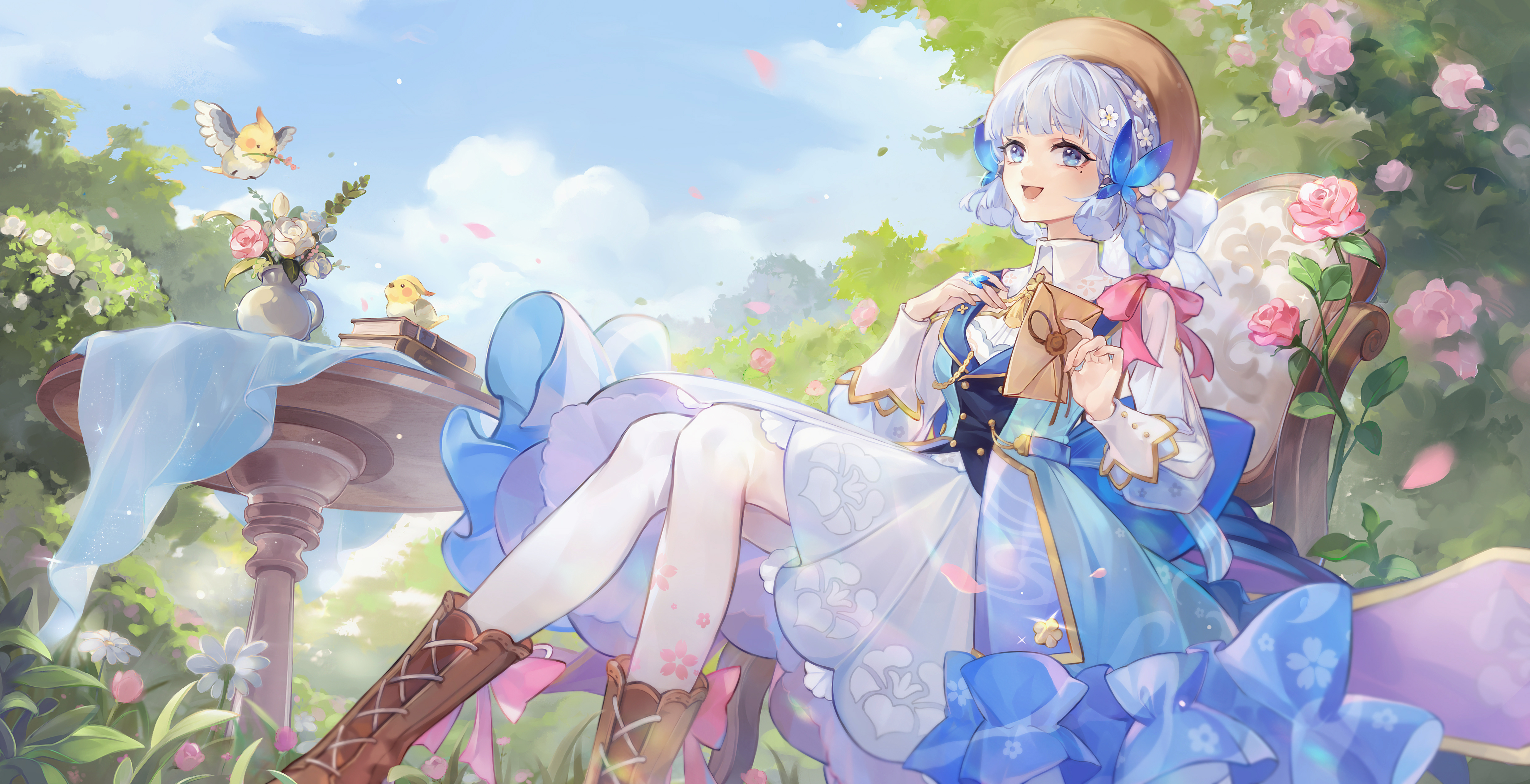 Anime 4950x2538 anime anime girls Genshin Impact dress Kamisato Ayaka (Genshin Impact) flowers hat moles mole under eye leaves sky clouds birds vases sitting chair looking at viewer letter petals