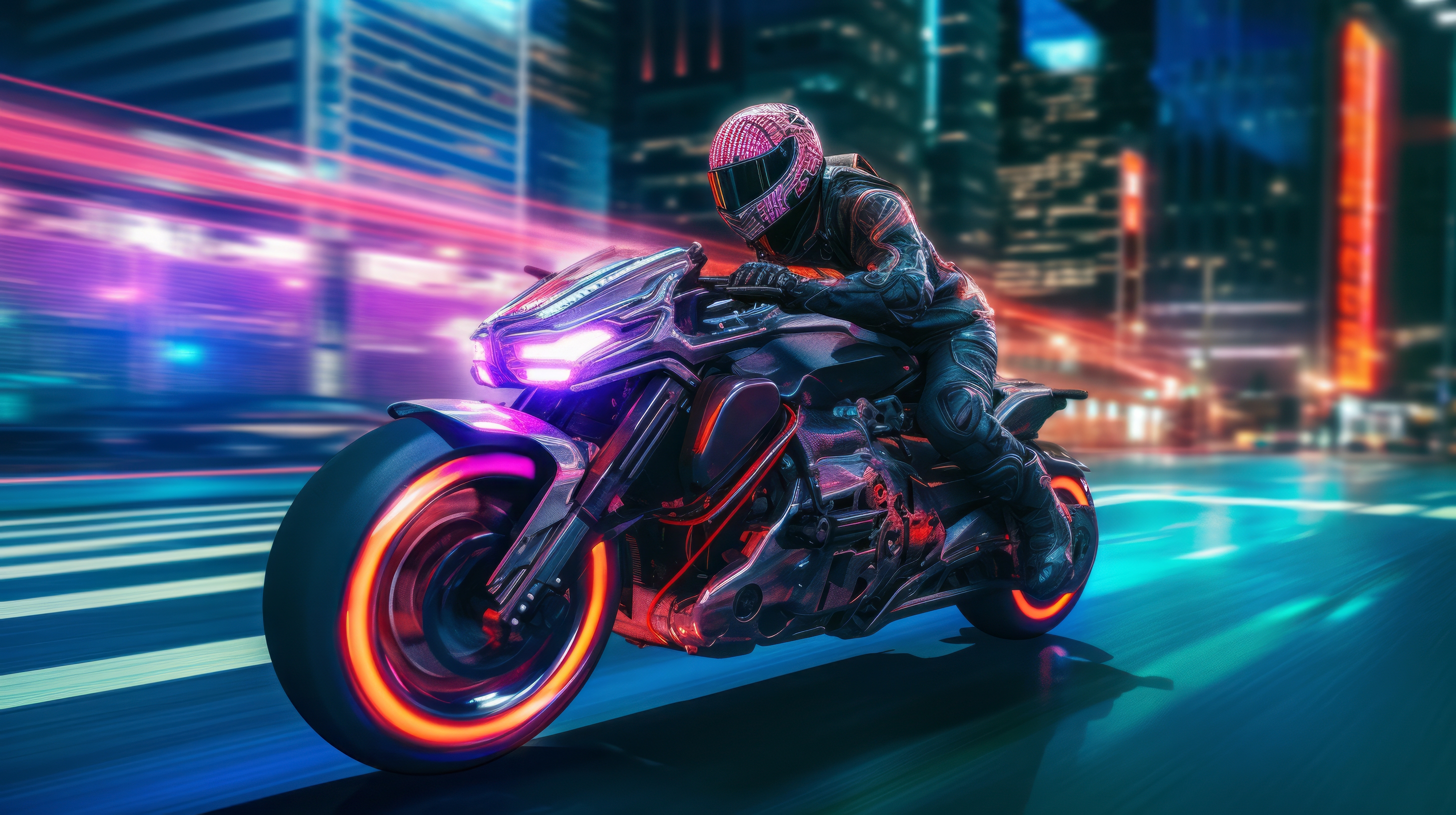 General 2912x1632 AI art cyberpunk motorcycle neon street Tron blurred blurry background vehicle helmet headlights