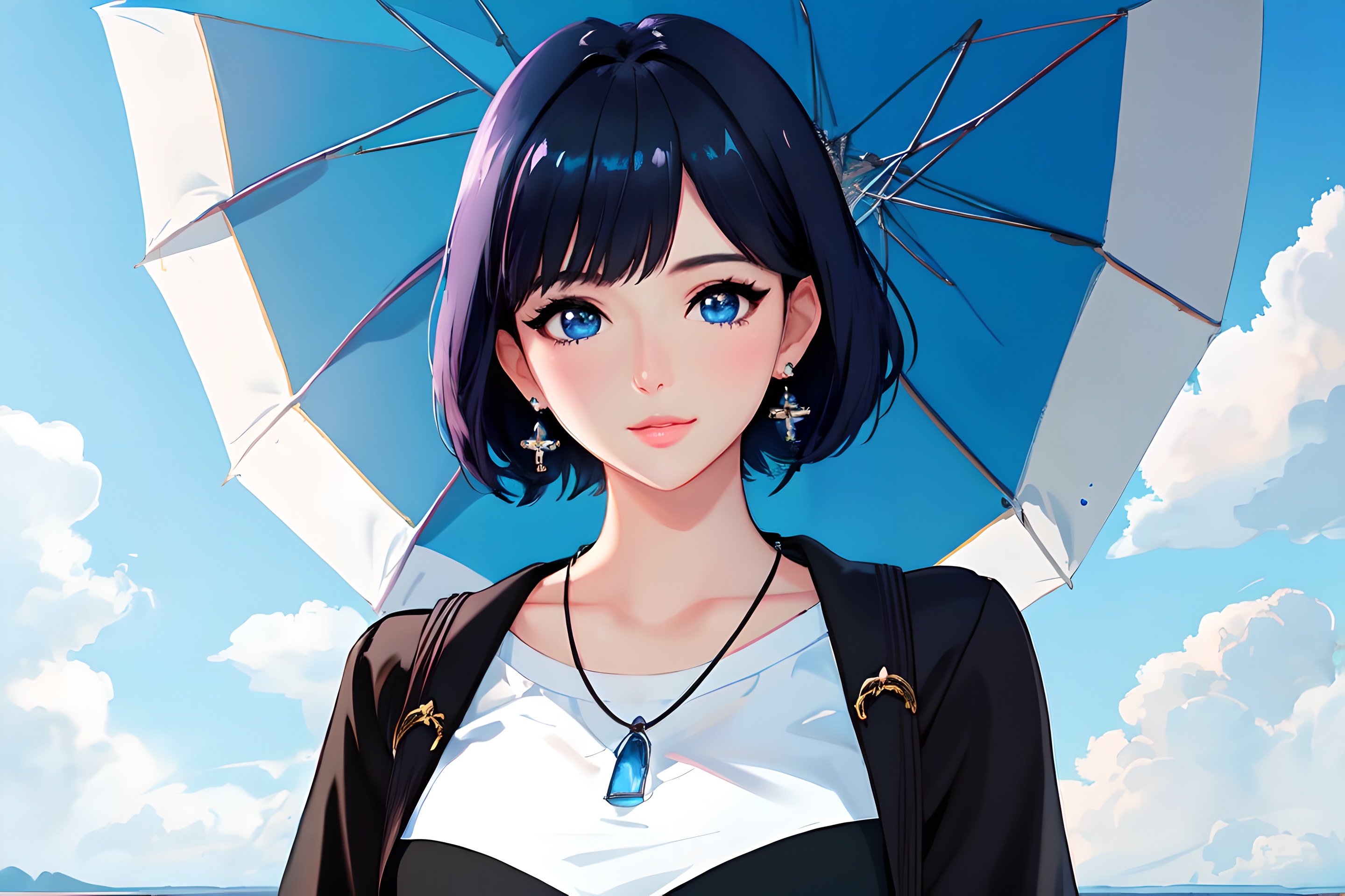 Anime 2880x1920 AI art anime girls brunette character design  blue eyes looking at viewer earring necklace umbrella short hair clouds sky