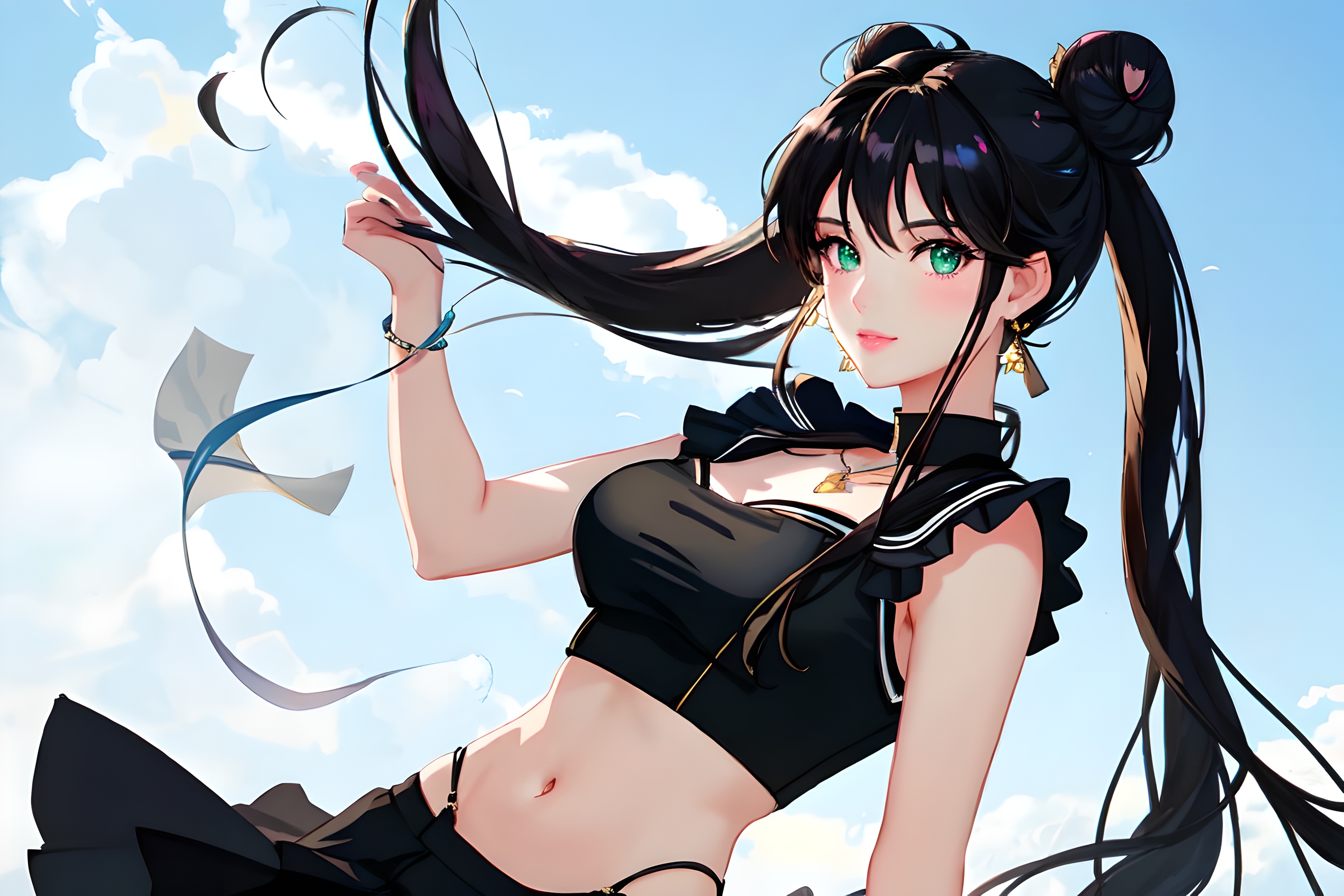 Anime 2880x1920 AI art anime girls brunette character design  green eyes looking at viewer earring necklace twintails hairbun long hair clouds