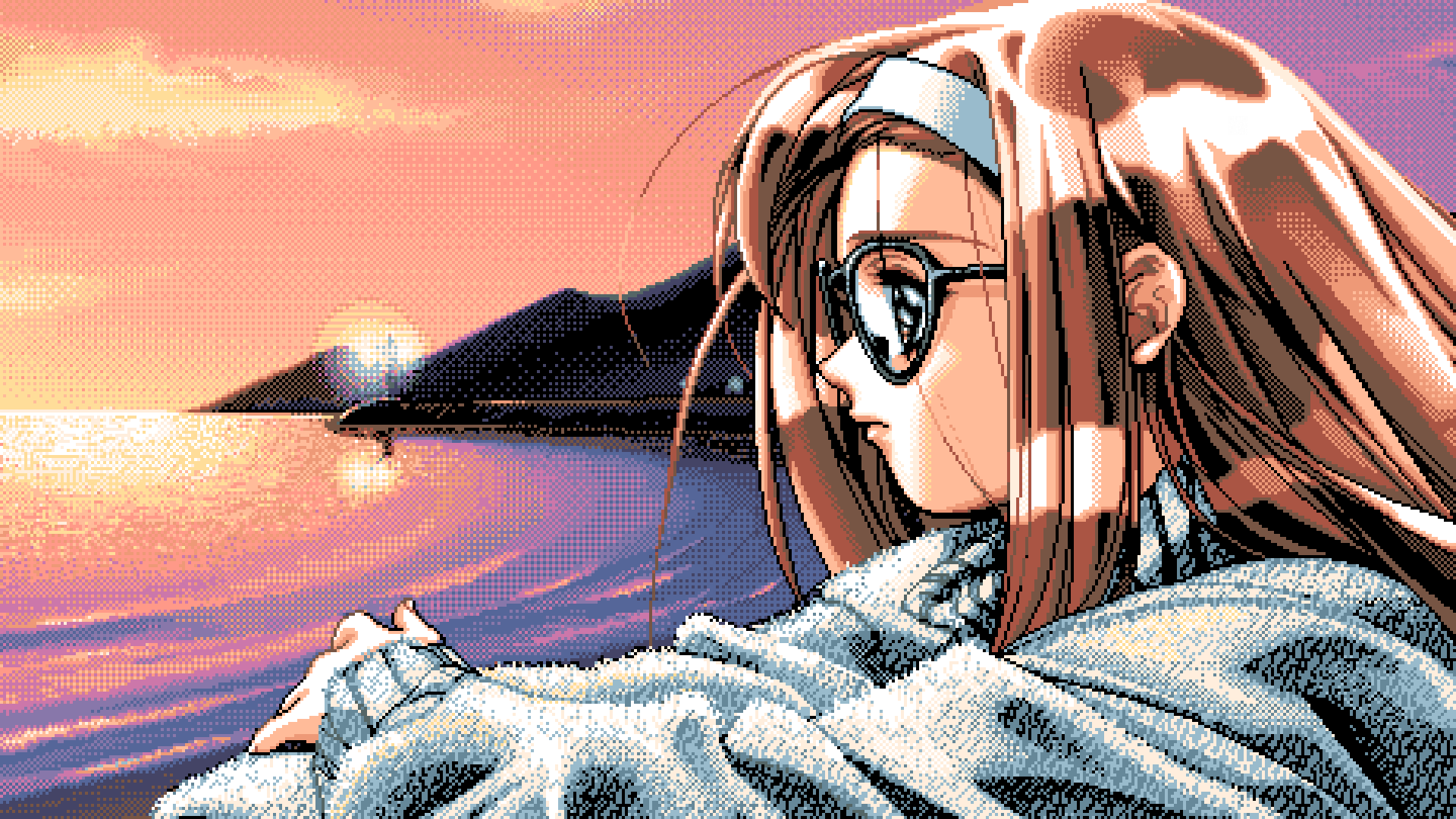 Anime 1920x1080 PC-98 pixel art Game CG anime girls glasses looking away looking into the distance sunset sunset glow long hair water digital art