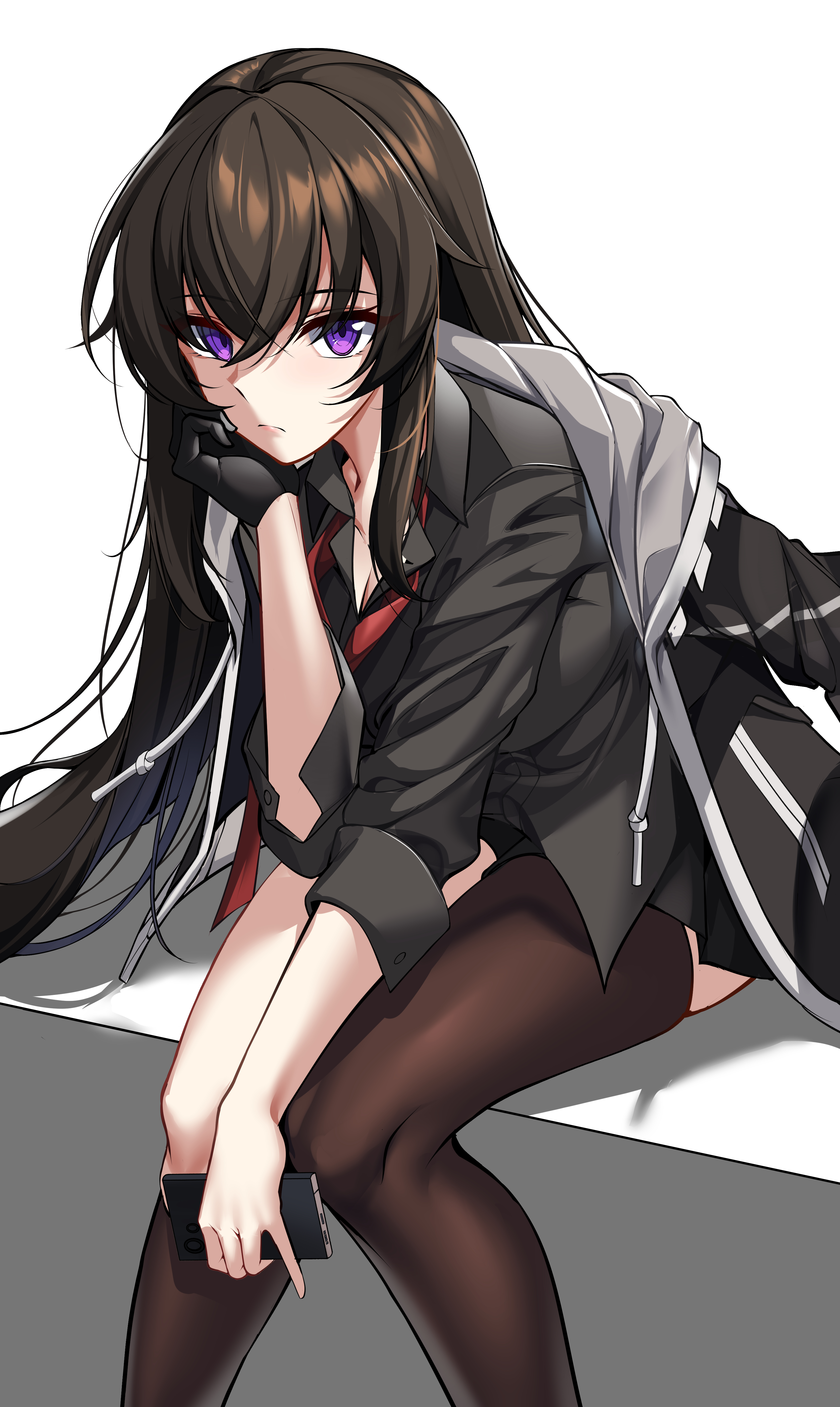 Anime 3342x5594 Elze anime girls dark hair purple eyes portrait display gloves sitting looking at viewer long hair minimalism white background simple background phone hand on face