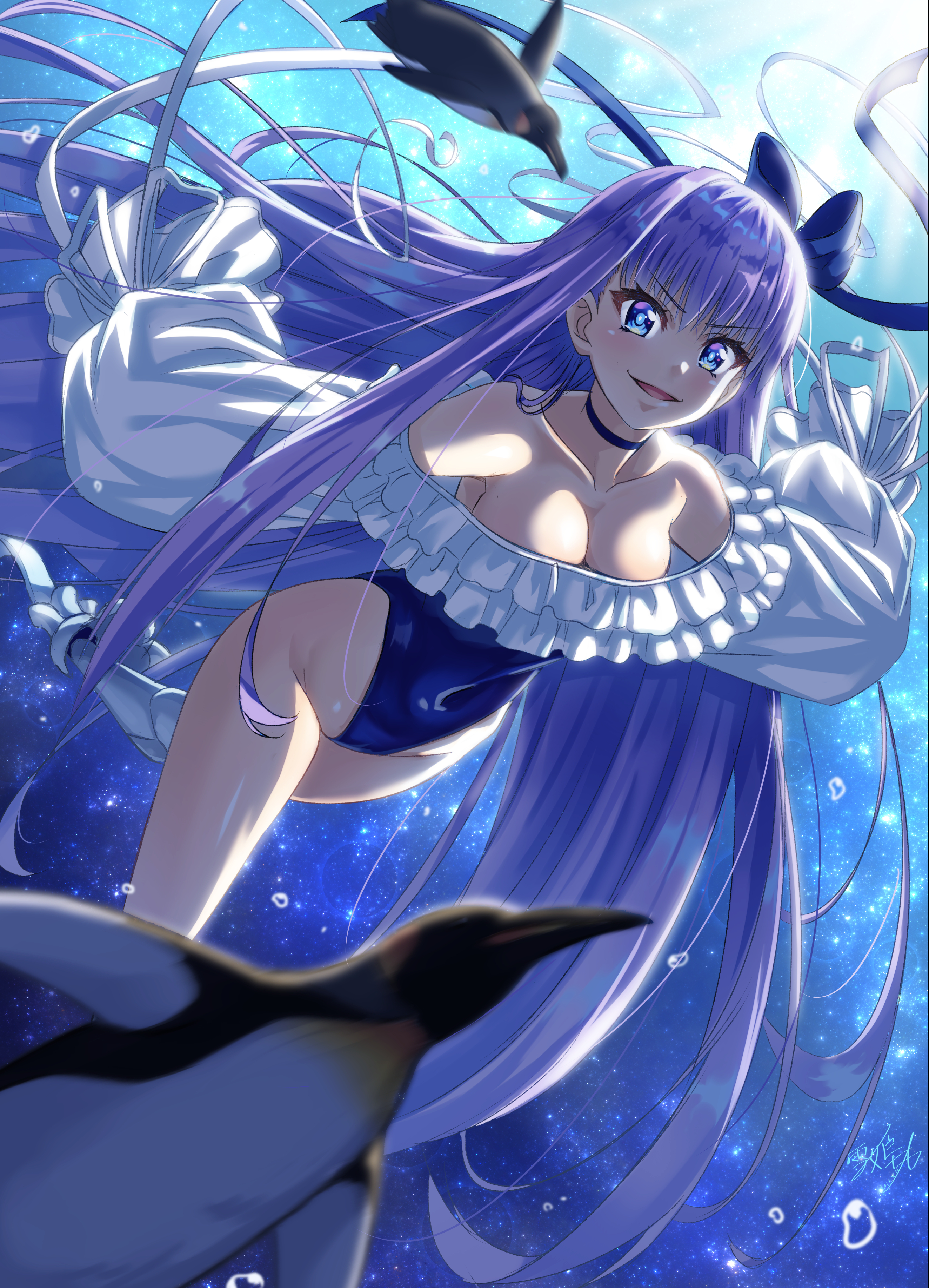 Anime 2648x3669 Fate series Meltlilith Fate/Grand Order anime girls water underwater penguins blue eyes blue hair cleavage swimwear one-piece swimsuit