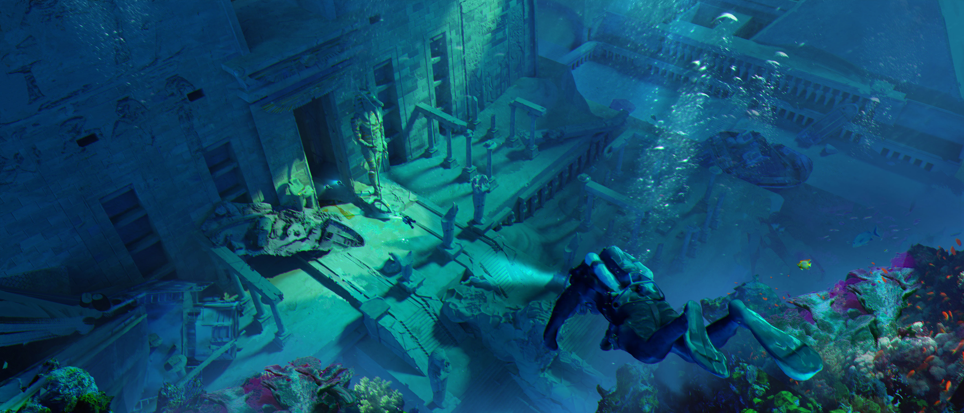 General 3840x1646 artwork digital art sunken cities divers decay underwater diving diving suits Anubis coral water