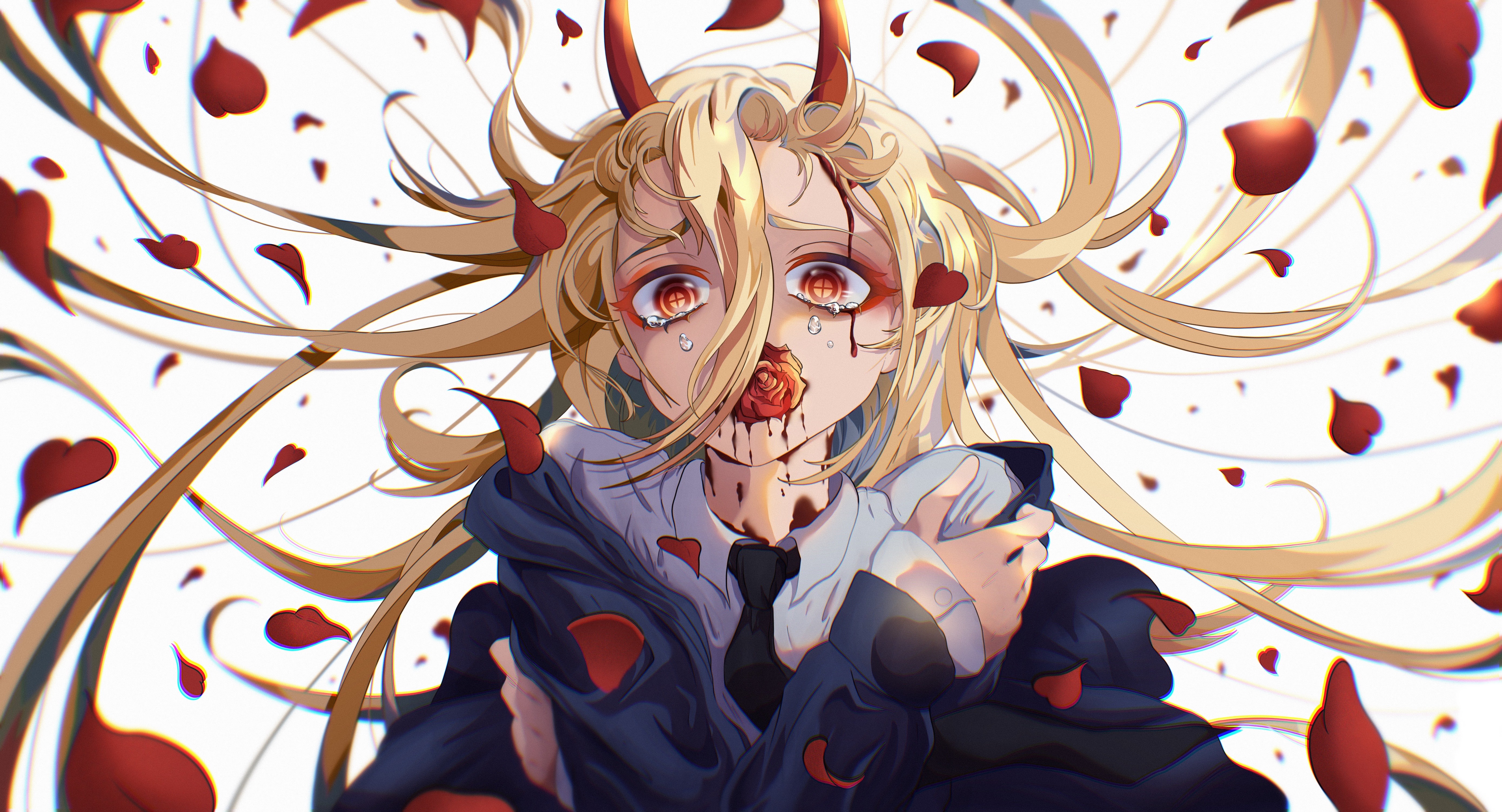Anime 5562x3007 Chainsaw Man crying rose Power (Chainsaw Man) blonde horns red petals blood white background anime girls petals tears