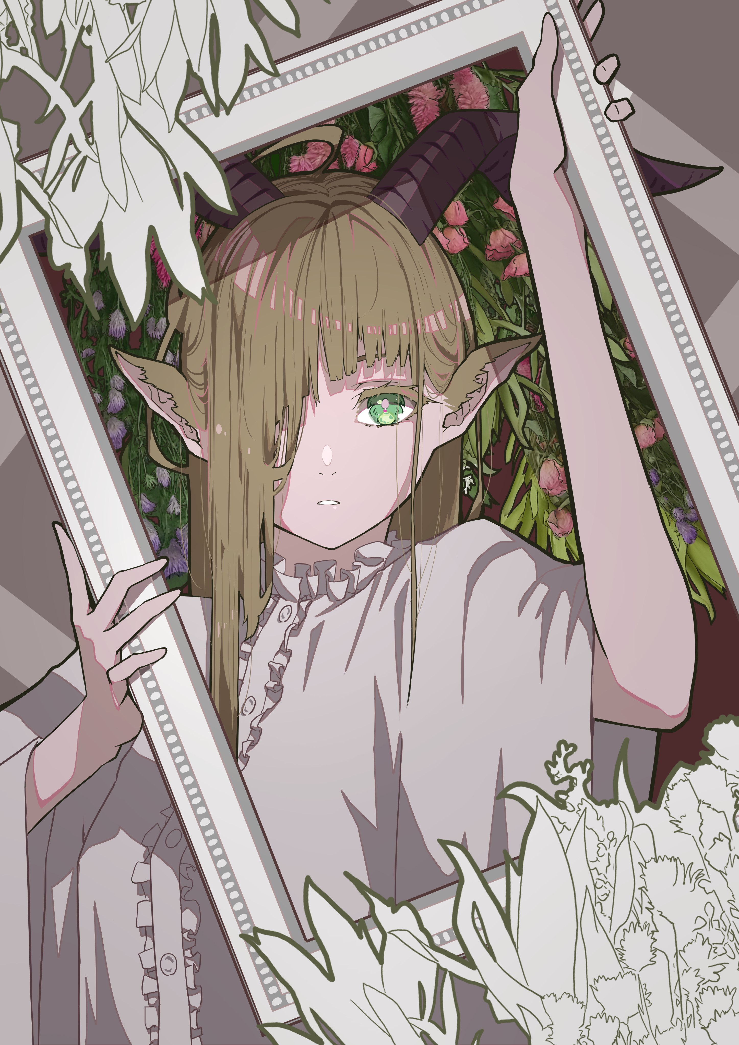 Anime 2894x4093 Nico Tina minimalism anime girls pointy ears hair over one eye horns picture frames flowers green eyes bangs