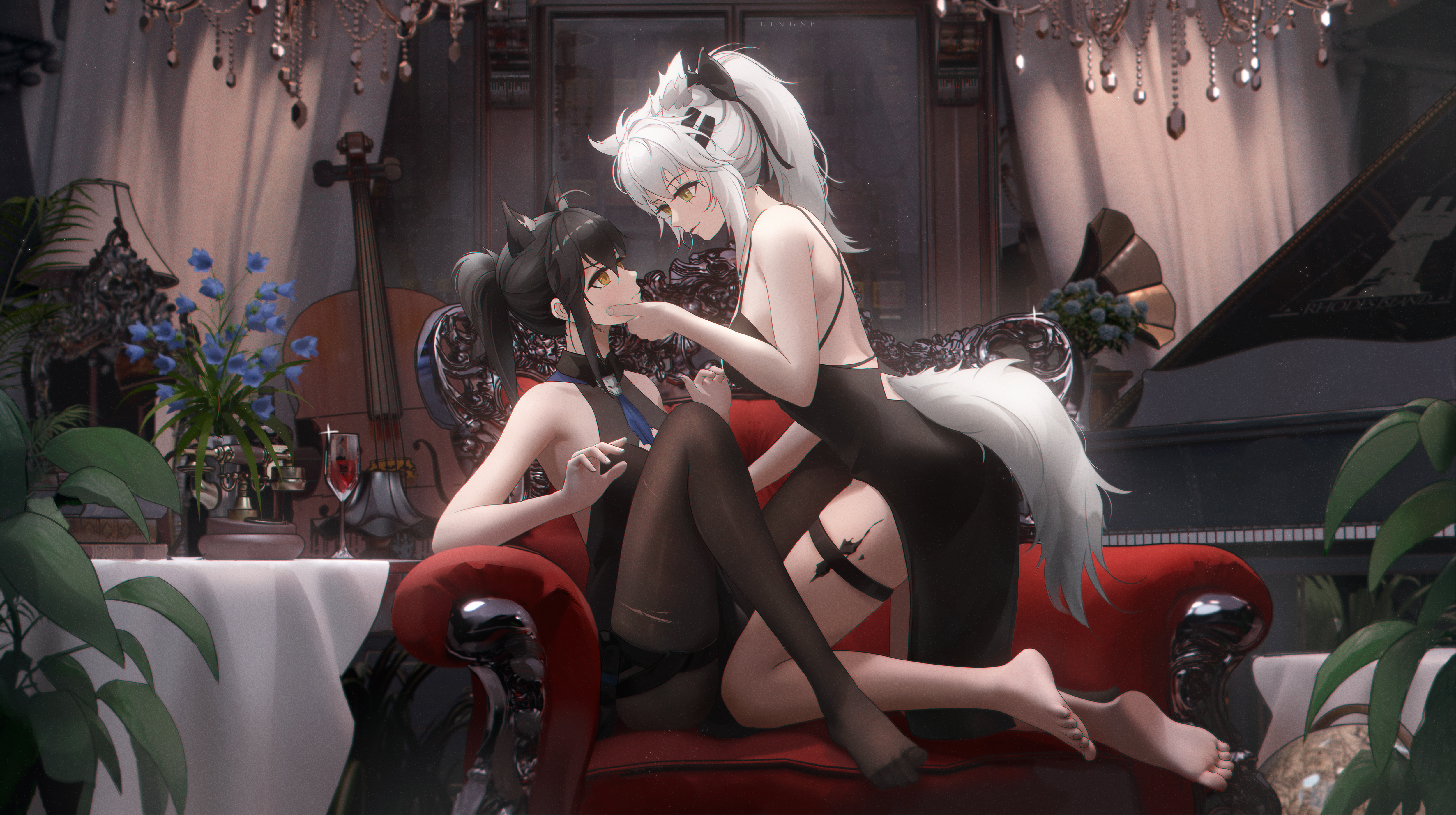 Anime 5000x2800 anime girls cello musical instrument flowers Texas (Arknights) Lappland (Arknights) Arknights wolf girls yuri