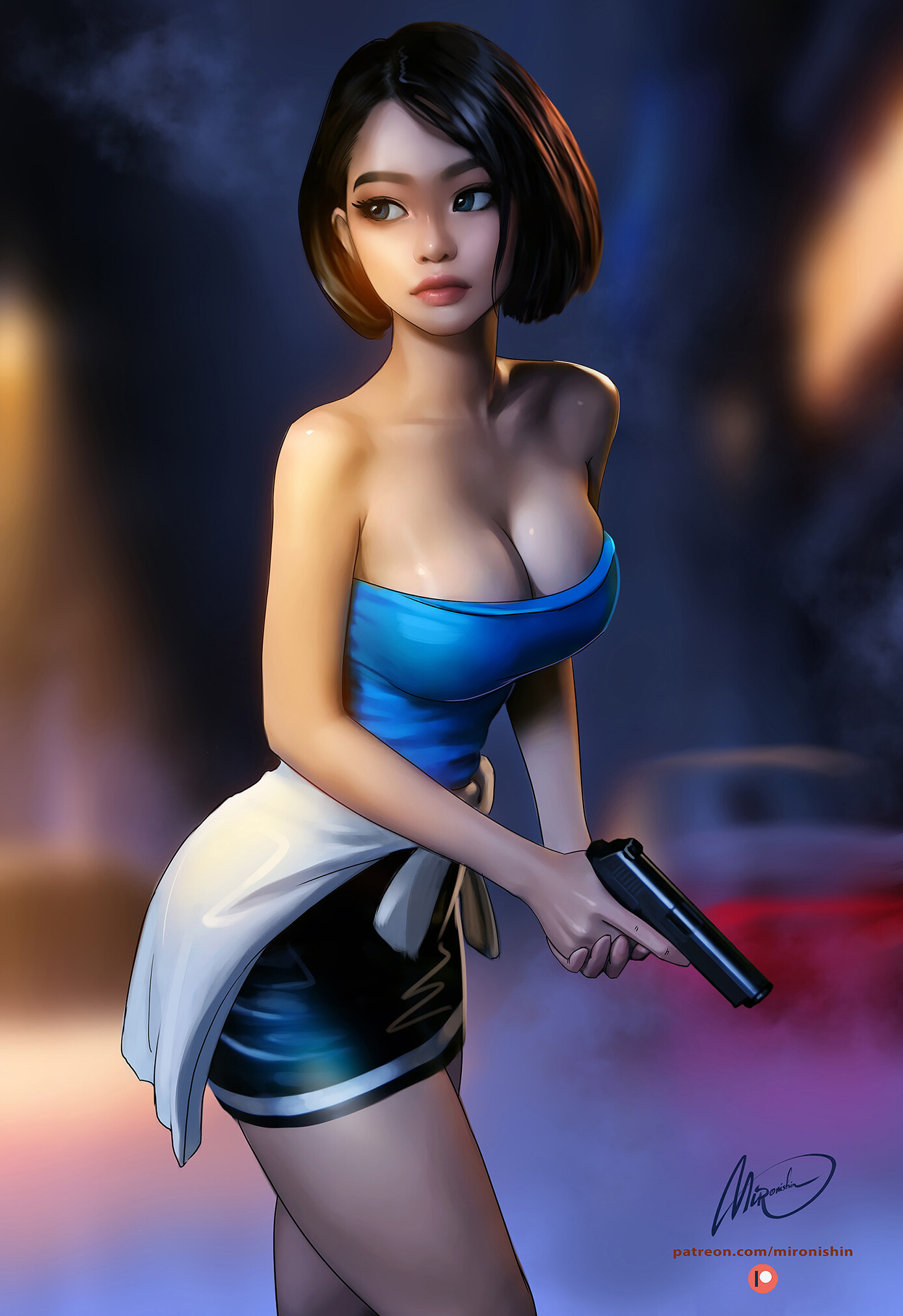 General 1388x2022 Mironishin Story drawing Jill Valentine Resident Evil dark hair blue clothing looking away depth of field cleavage girls with guns video games video game girls video game characters