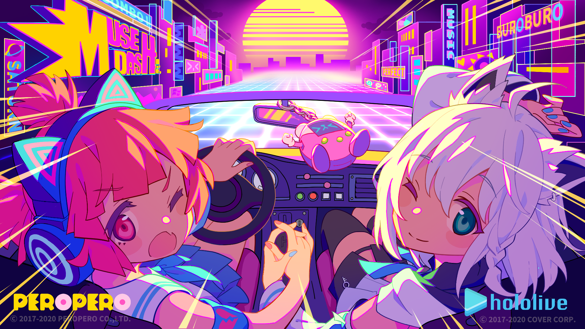 Anime 1920x1080 MuseDash anime girls gamer music colorful one eye closed headphones cat ears car driving vaporwave