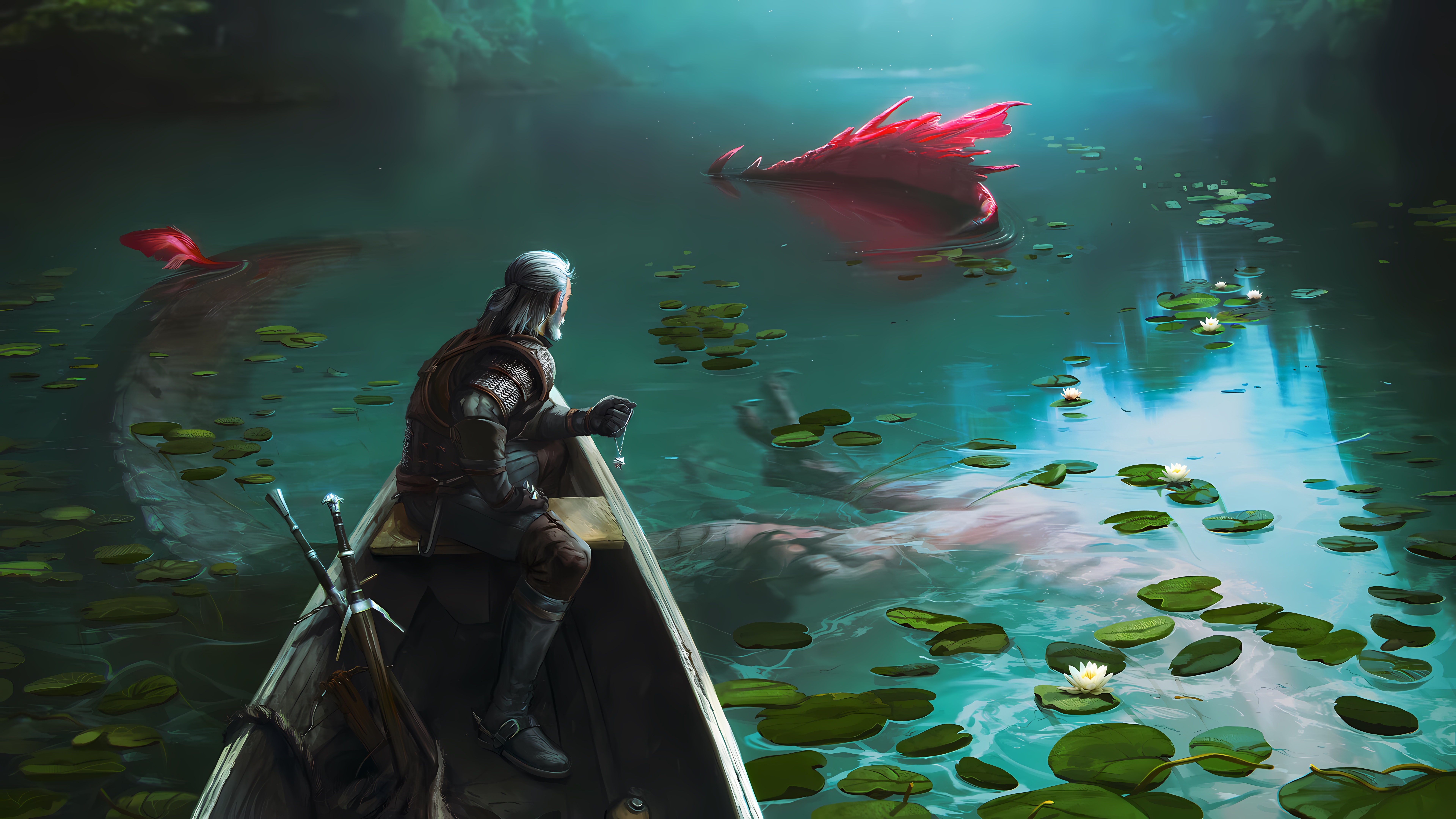 General 7680x4320 ArtStation The Witcher Geralt of Rivia video games PC gaming video game art fantasy art video game men fantasy men creature boat sword artwork water water lilies