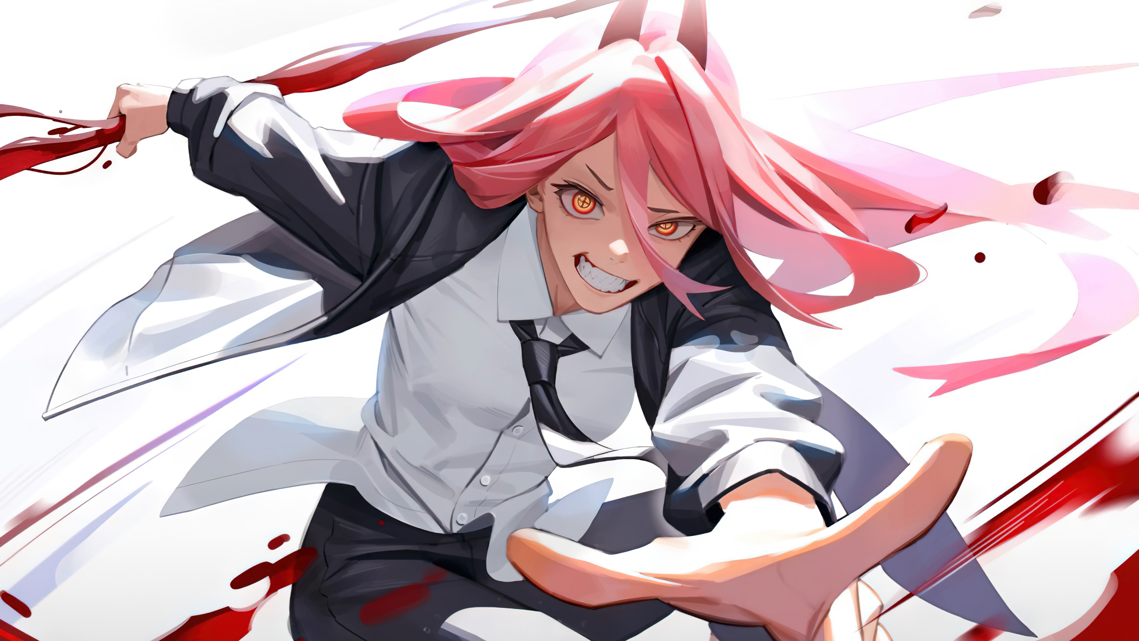Anime 3840x2160 Chainsaw Man Power (Chainsaw Man) pink hair blood knife looking at viewer horns anime girls