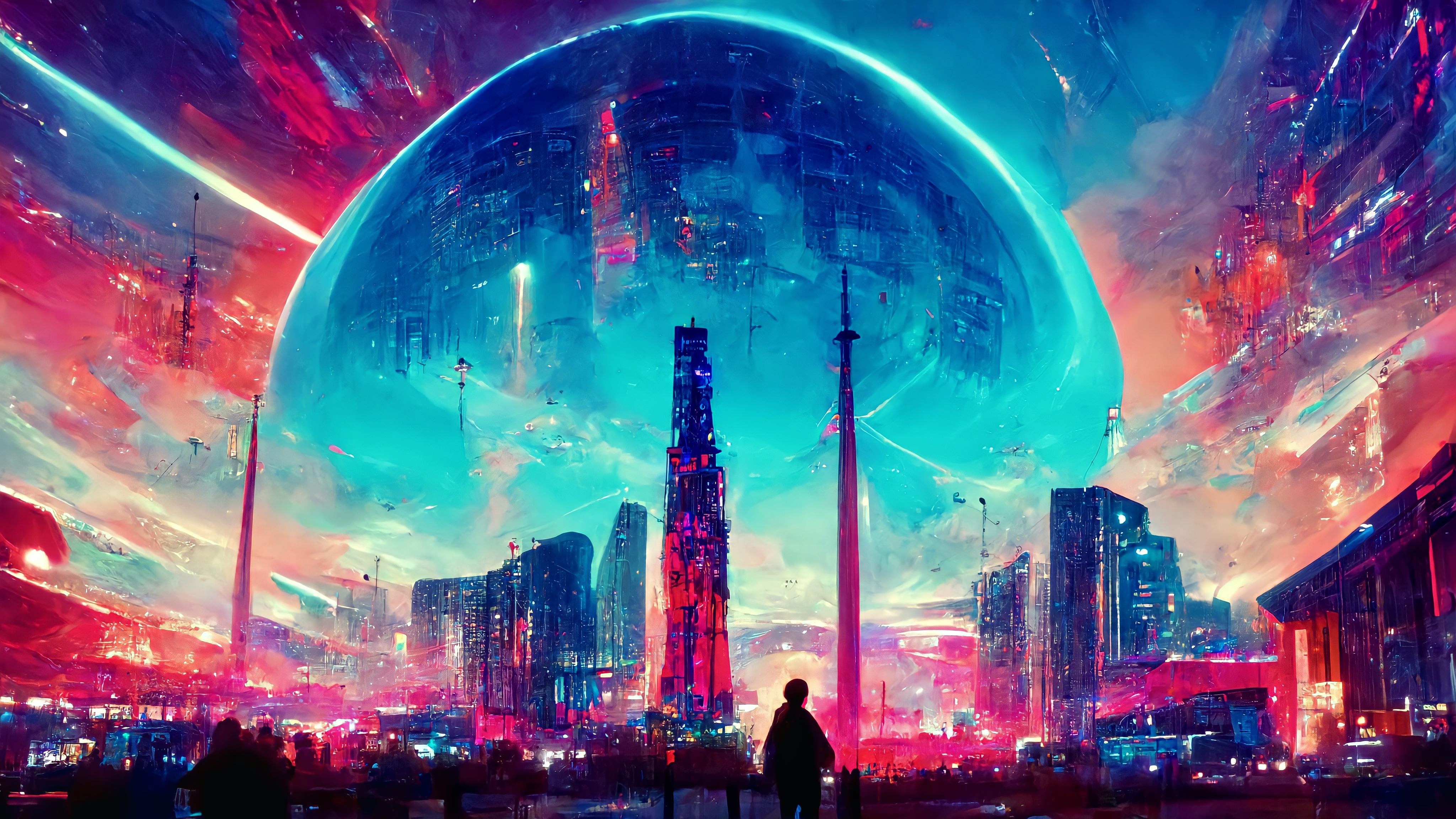 General 4096x2304 colorful neon city cyberpunk dome AI art futuristic technology fantasy art