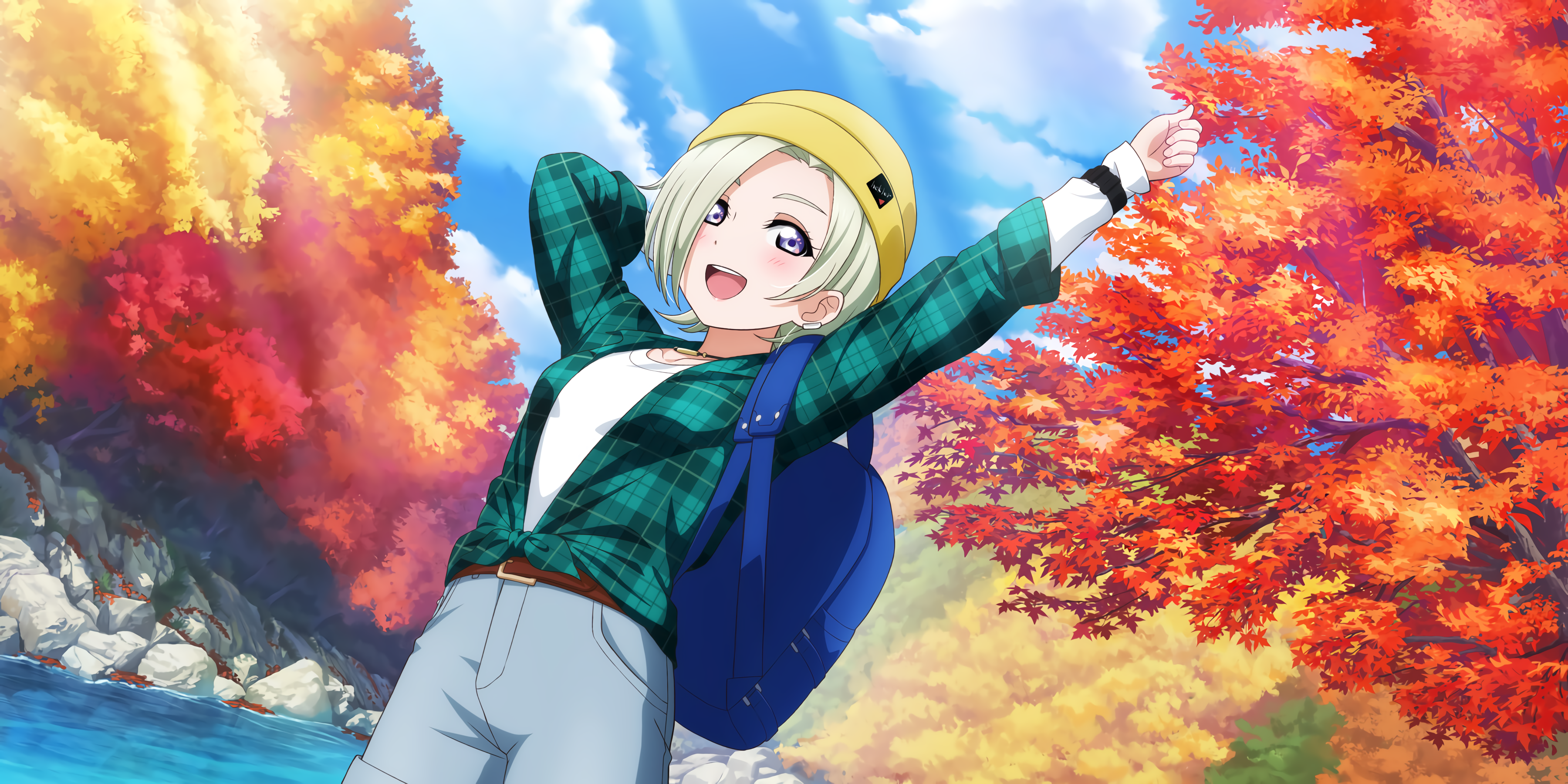 Anime 3600x1800 Mia Taylor Love Live! Nijigasaki High School Idol Club Love Live! anime anime girls hat leaves trees water backpacks fall outdoors