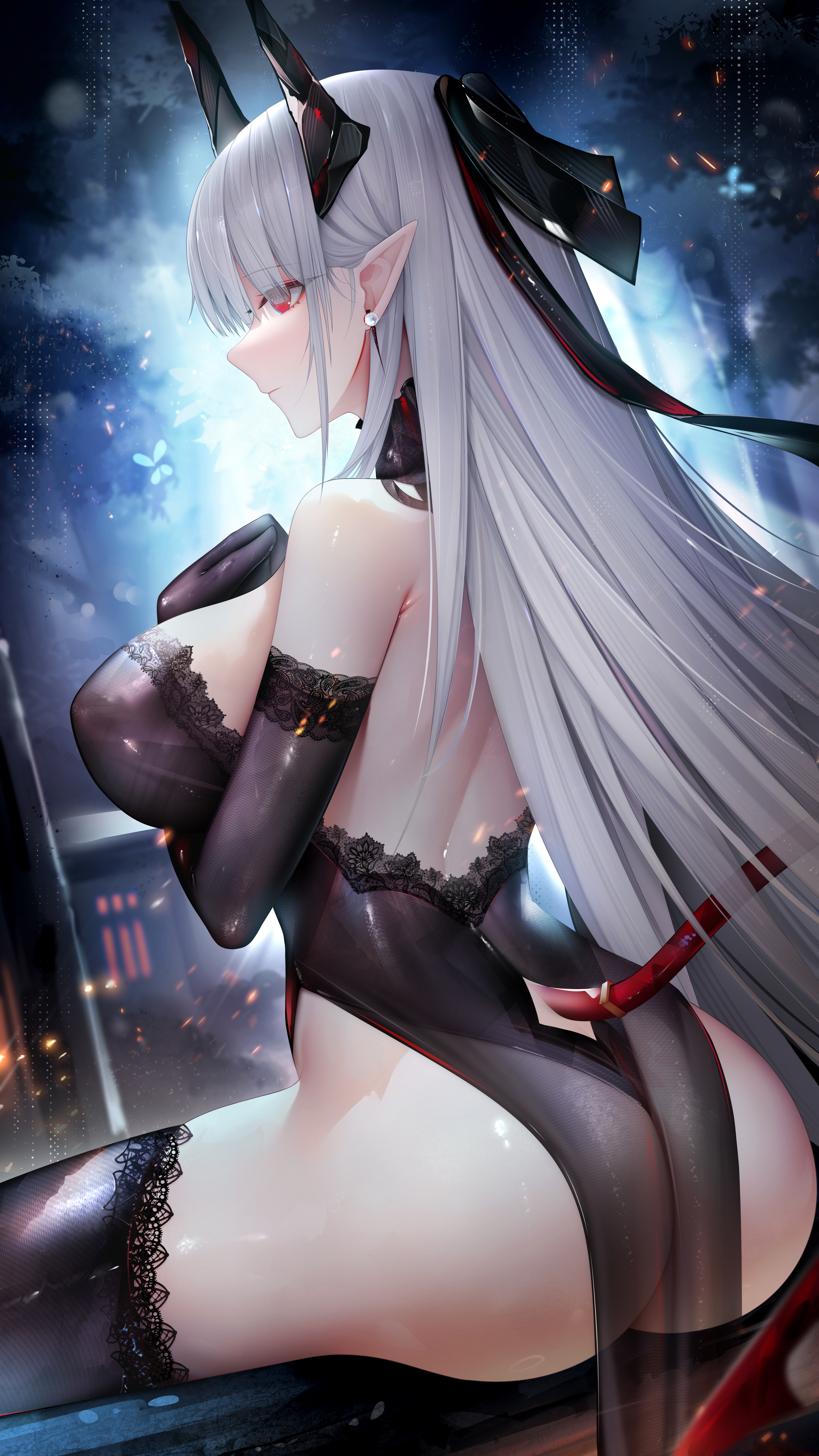 Anime 4320x7680 anime anime girls ass looking away dress stockings pointy ears horns white hair red eyes big boobs sideboob elbow gloves Zhixue Arknights Sarkaz Sentinel (Arknights) portrait display