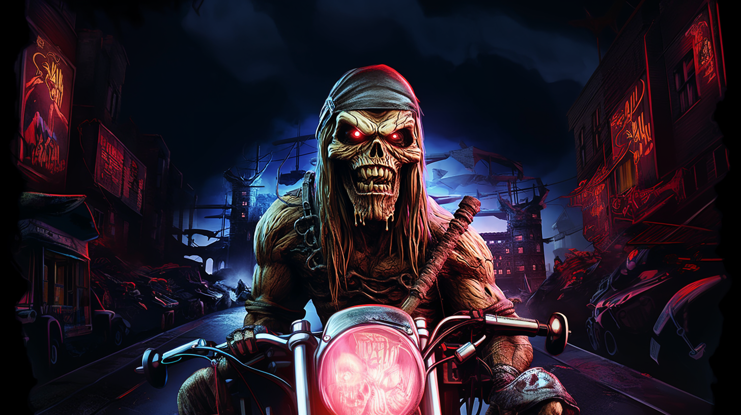 General 1456x816 Iron Maiden Eddie dark motorcycle apocalyptic AI art