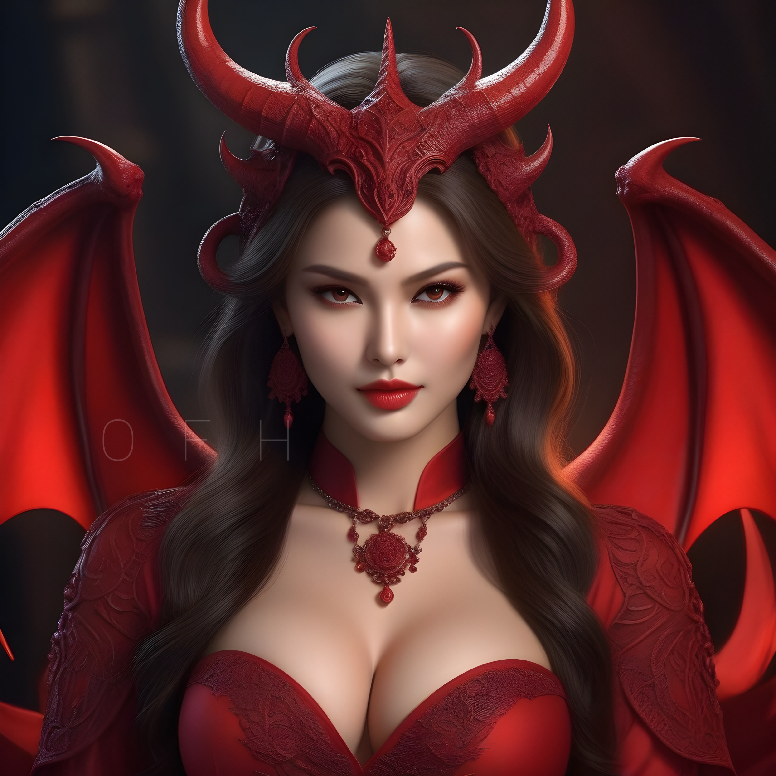 General 3264x3264 AI art OneFinalHug digital art portrait display looking at viewer long hair fantasy art cleavage horns closed mouth red lipstick lipstick earring demon girls wings demon horns blurred blurry background