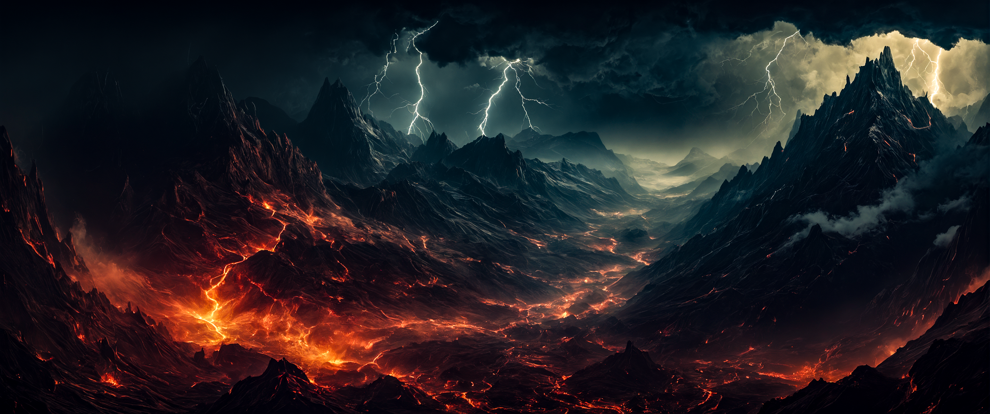 General 3440x1440 AI art landscape hell digital art lava lightning clouds sky nature mountains