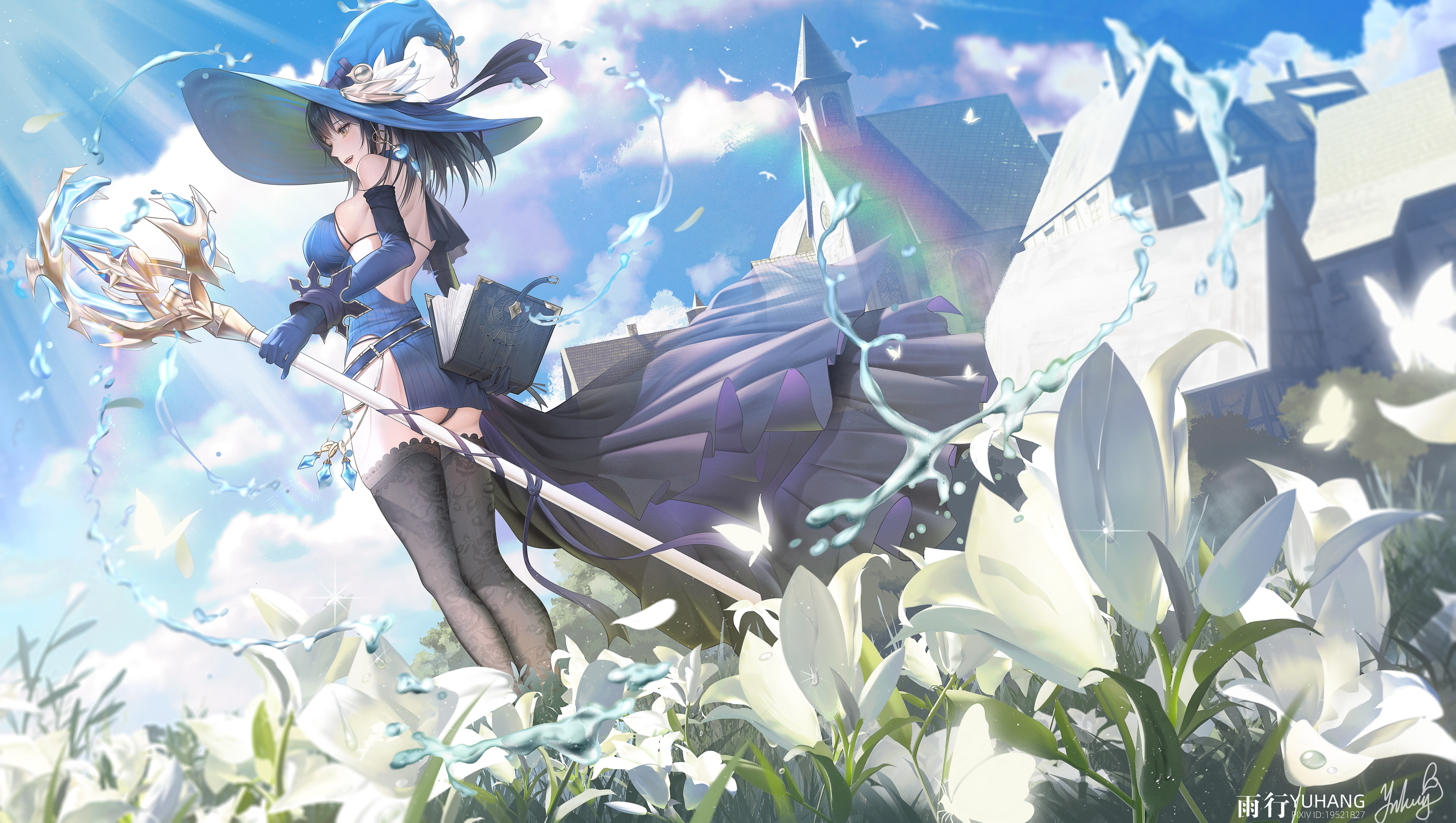 Anime 6000x3392 Brown Dust blue dress anime girls huge breasts looking away stockings black stockings dress white flowers clouds witch hat elbow gloves blue gloves long hair black hair pantsu shot watermarked building staff women outdoors water drops underwear Yuxing Yuhang rainbows blue panties butterfly sunlight blue underwear flowers ass books sky gloves back witch water grass signature yellow eyes