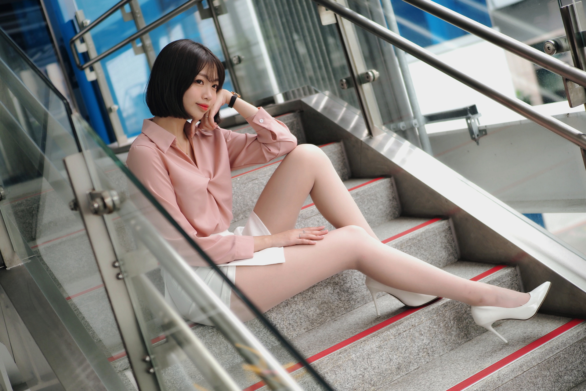 People 1920x1280 Asian model women long hair dark hair sitting stairs high heels thighs