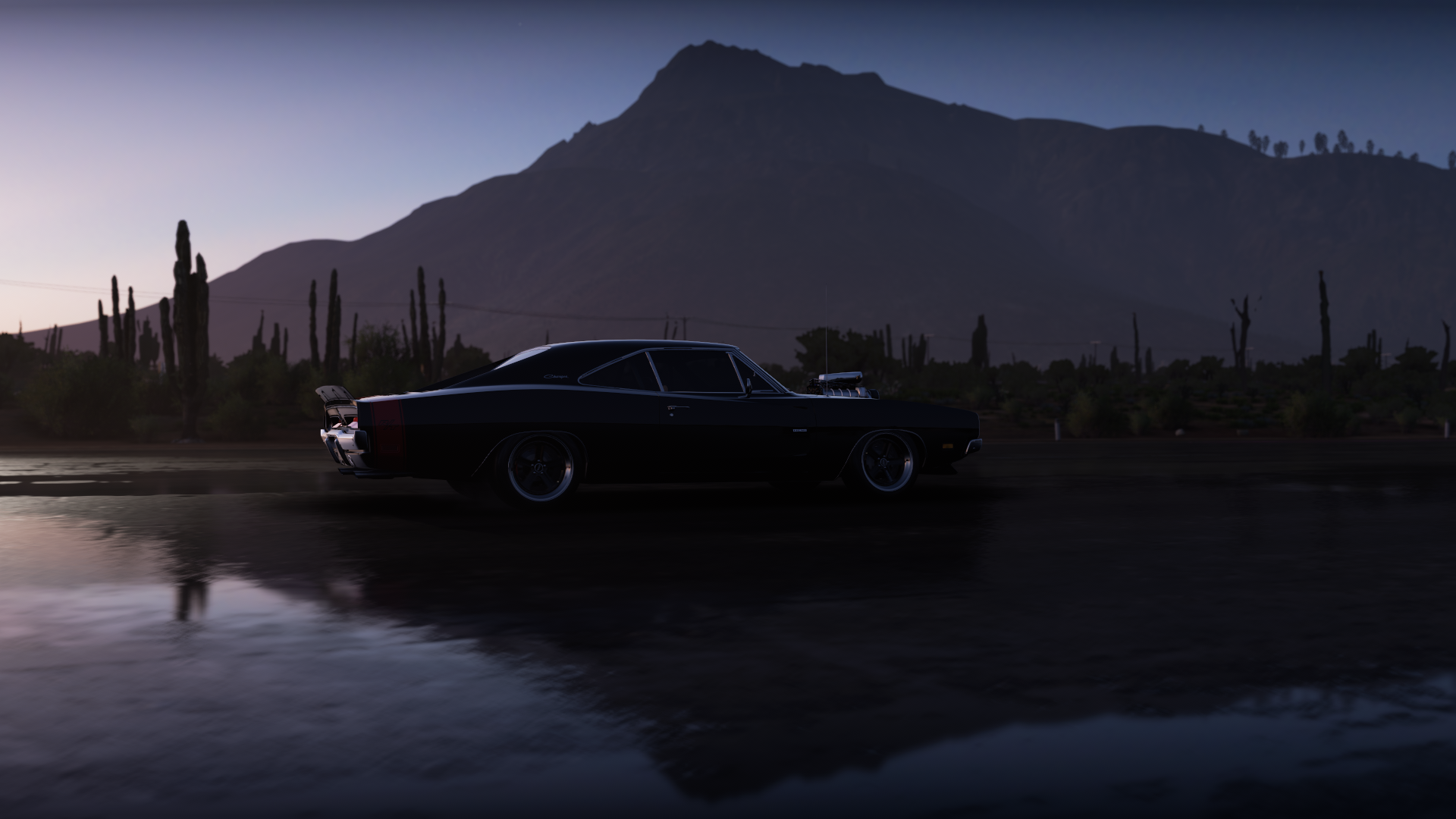 General 1920x1080 Forza Horizon 5 video games dark car Dodge Charger muscle cars American cars PlaygroundGames sky supercharger vehicle sunset sunset glow Dodge mountains video game art CGI