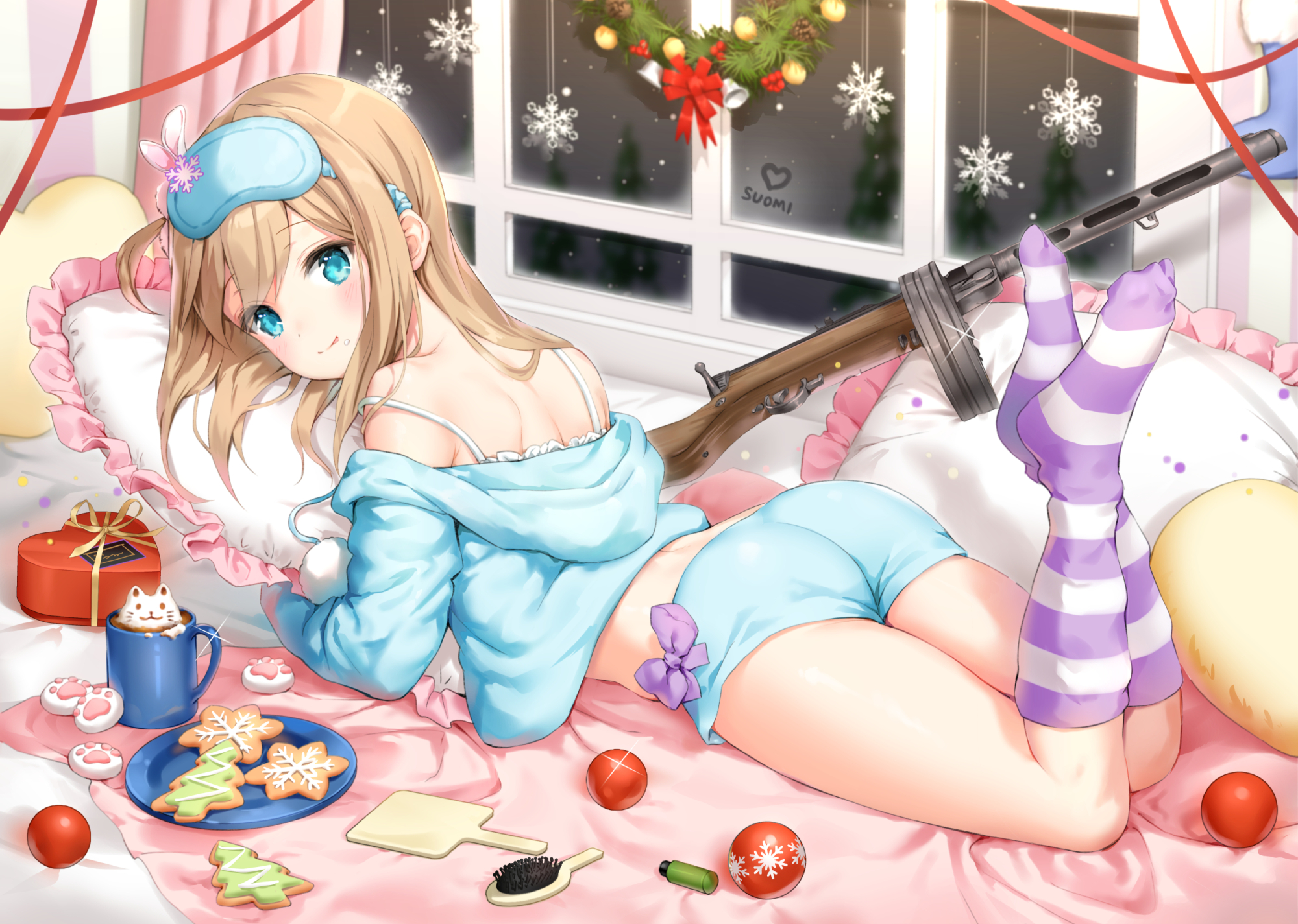 Anime 2000x1425 anime anime girls Suomi (Girls Frontline) Girls Frontline smiling lying down lying on front bed pillow window looking at viewer socks striped socks long hair blonde blue eyes blushing cookies Christmas ornaments  ass heart (design) shorts indoors women indoors sleep mask tongue out gun feet in the air girls with guns pyjamas cup drink hairbrush