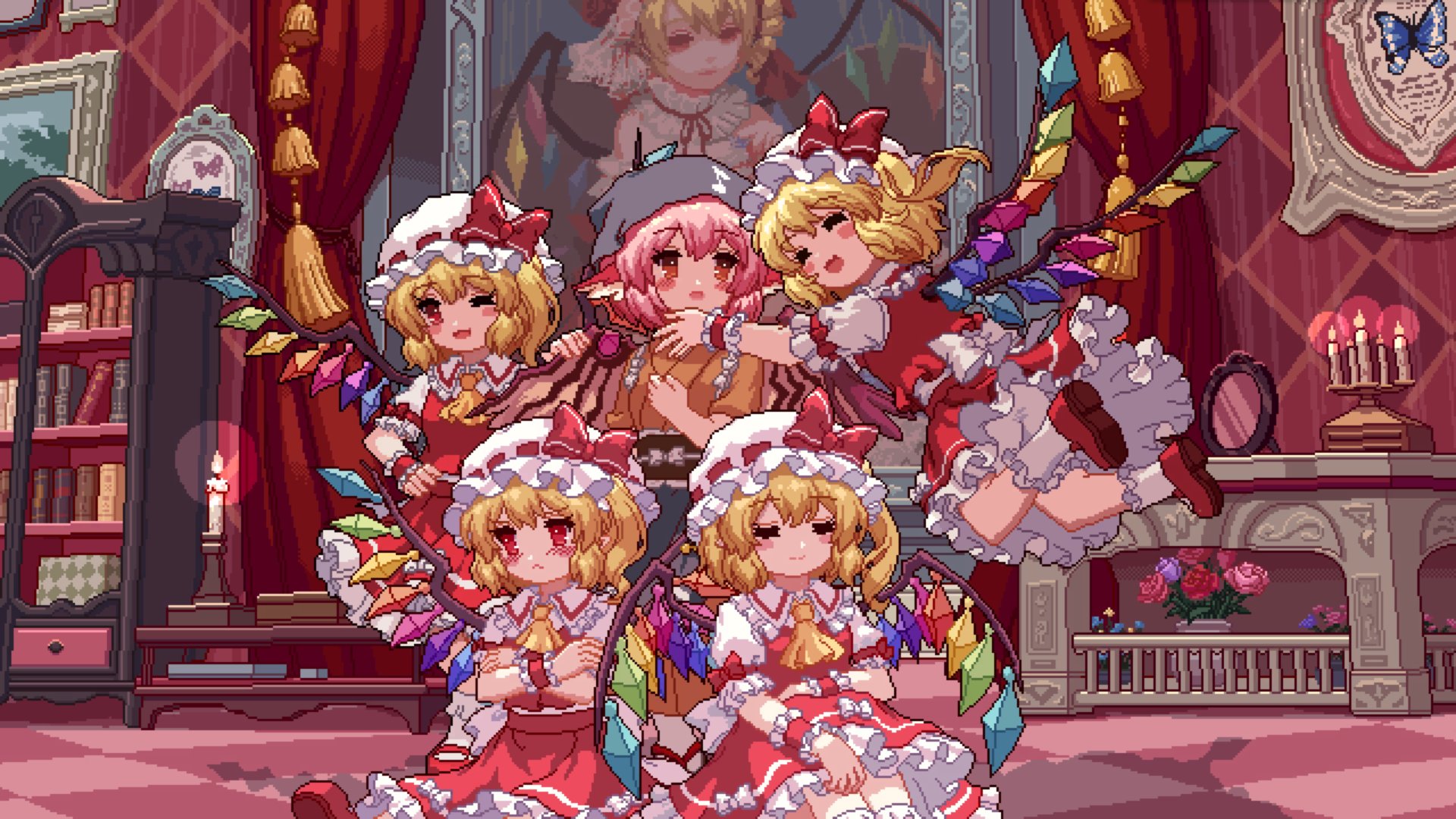 Anime 1920x1080 Touhou pixel art digital art Flandre Scarlet arms crossed anime girls pixels wings dress hat bow tie candles flowers butterfly picture frames bookshelves short hair