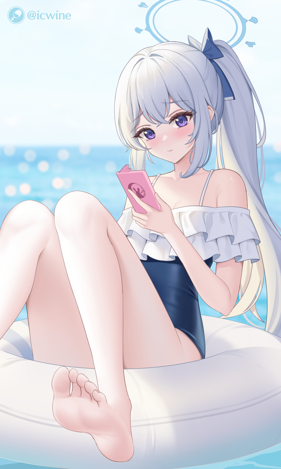 Anime 980x1631 anime anime girls blurry background blurred inflatable rings floater Tsukiyuki Miyako foot sole Blue Archive ponytail portrait display long hair looking at viewer water blushing watermarked one-piece swimsuit feet swimwear