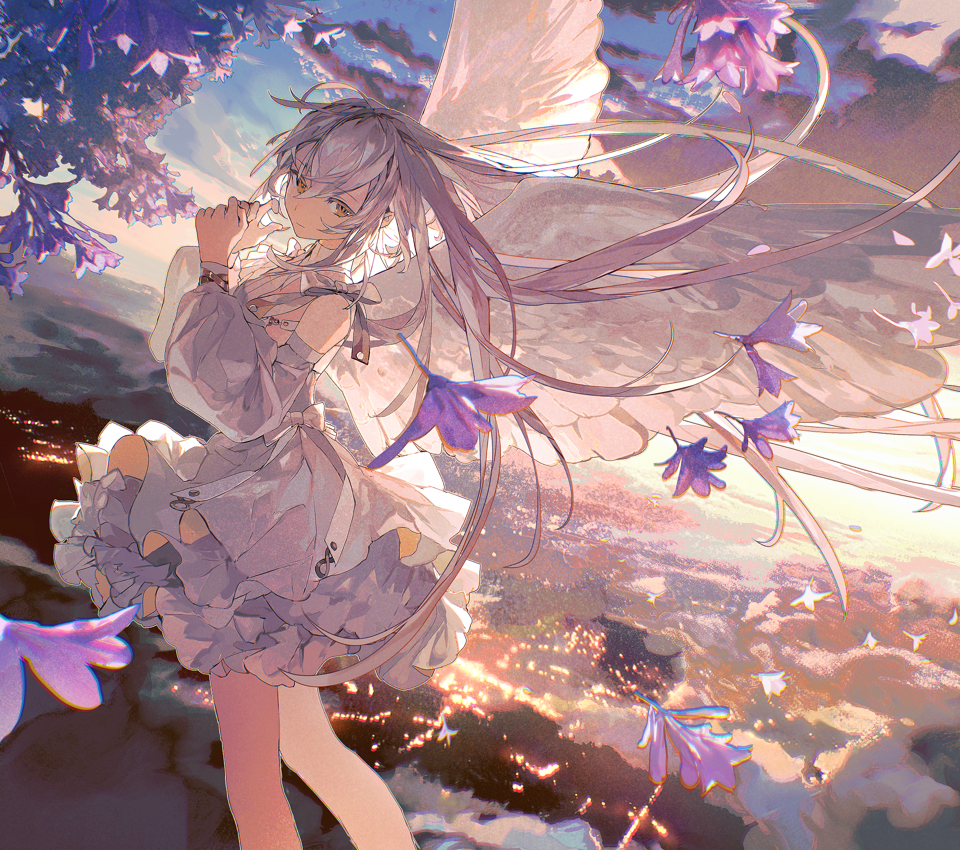 Anime 1920x1700 anime anime girls long hair dress sky wings sunlight sunset sunset glow clouds city lights looking at viewer