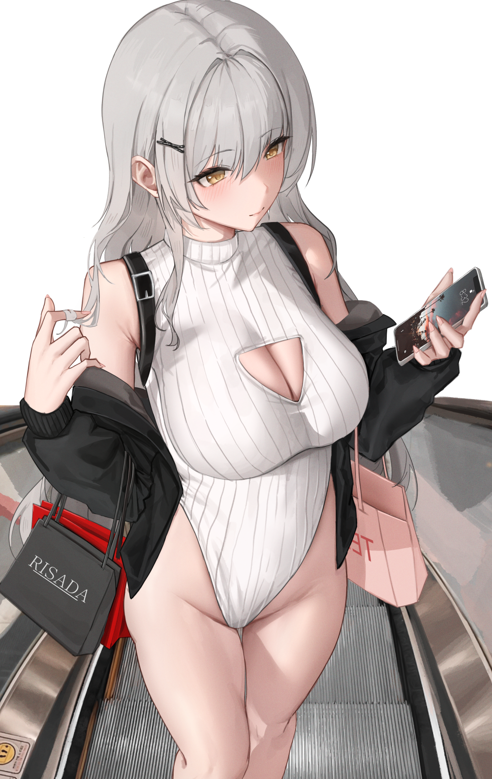 Anime 1000x1583 anime girls yellow eyes portrait display cleavage shopping bags big boobs standing escalator phone long hair cleavage cutout smiling blushing gray hair bare shoulders jacket white background