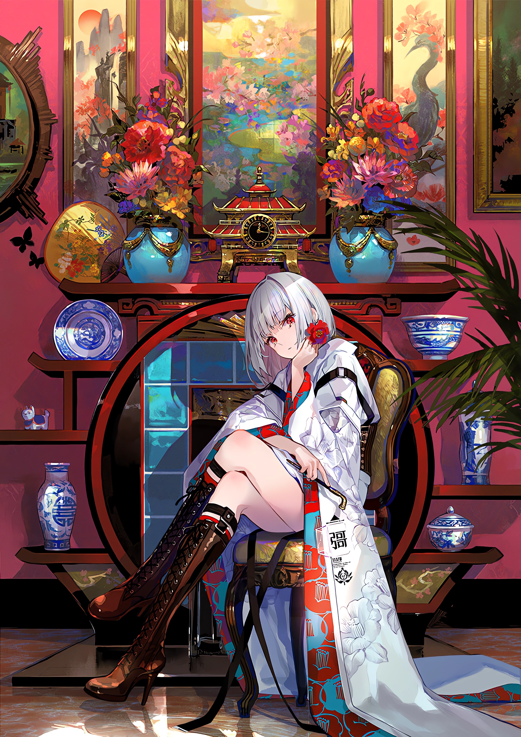 Anime 1696x2400 anime anime girls portrait display chair sitting legs crossed looking at viewer red eyes indoors women indoors plates vases boots thigh high boots rose silver hair leaves fans painting pipes