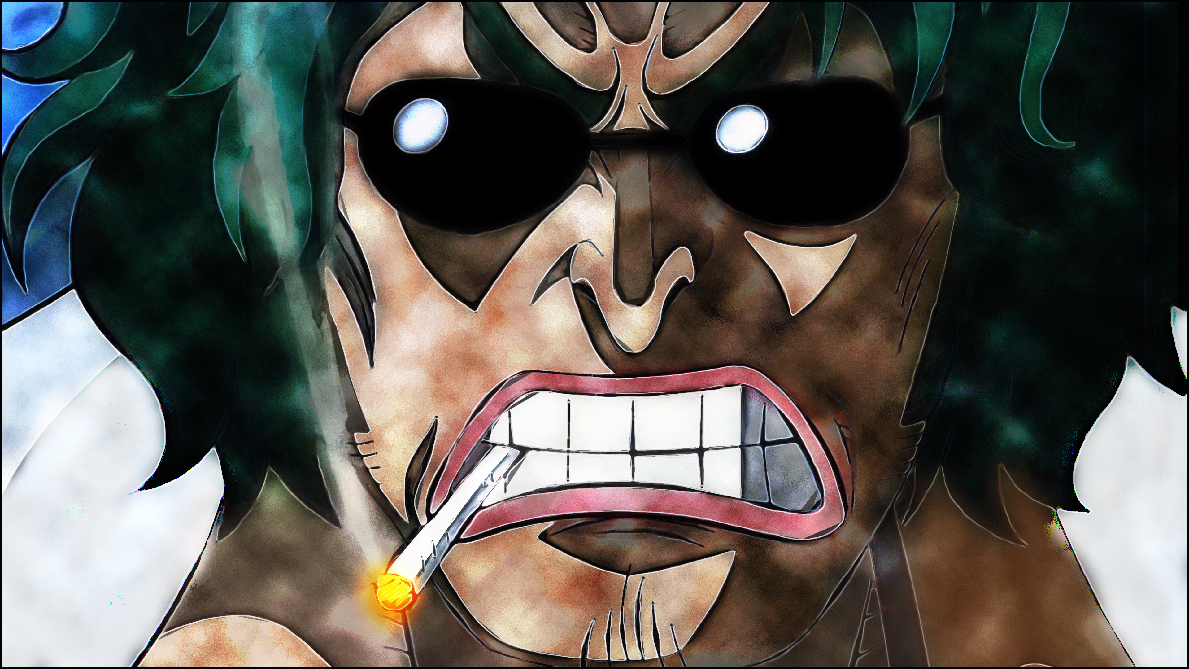 Anime 3840x2160 One Piece anime boys cigarettes smoking teeth sunglasses green hair frown smoke Ryokugyu face nose