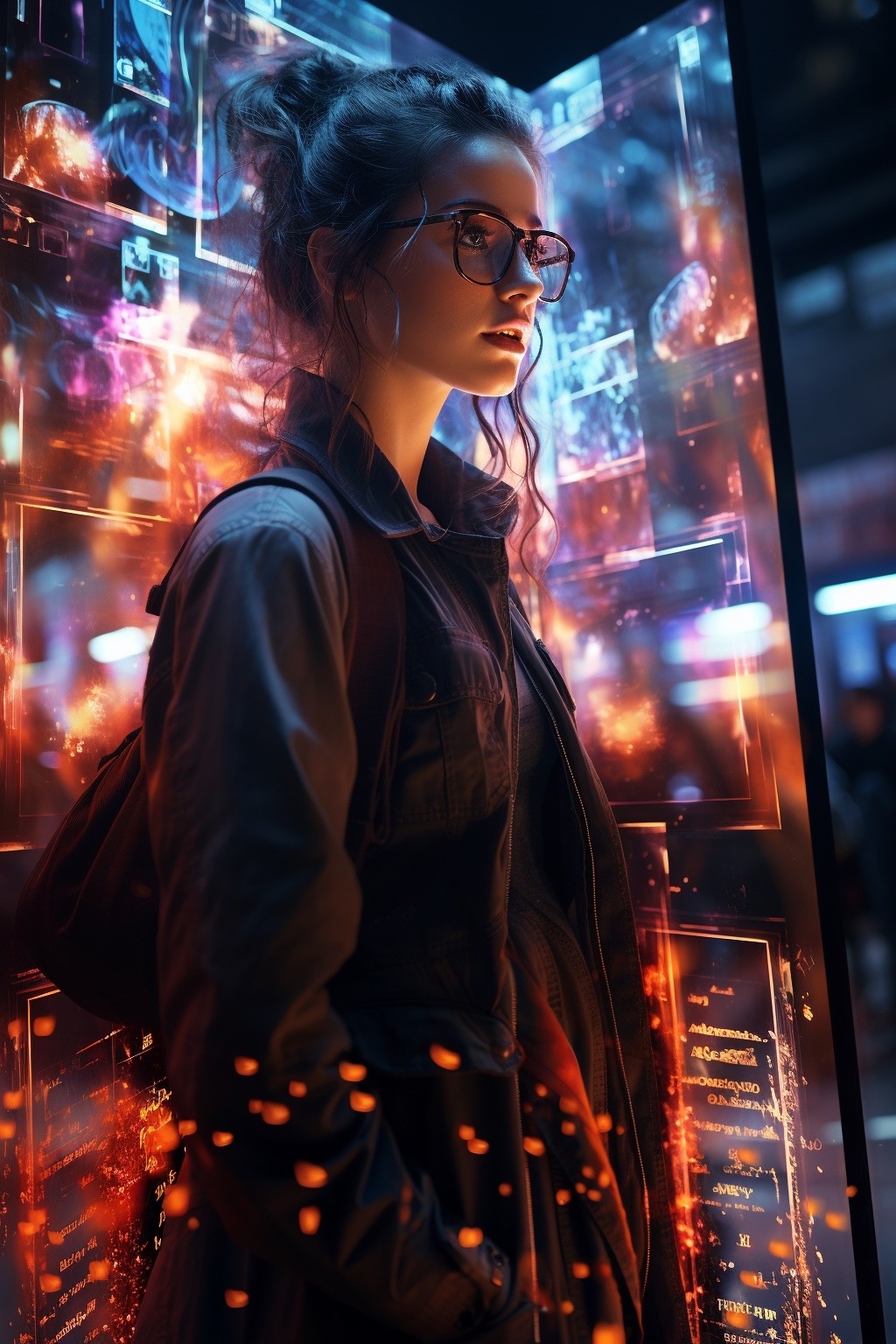 General 1024x1536 Andy Goodlight AI art women science fiction cyberpunk hairbun backpacks glasses portrait display digital art looking away standing jacket