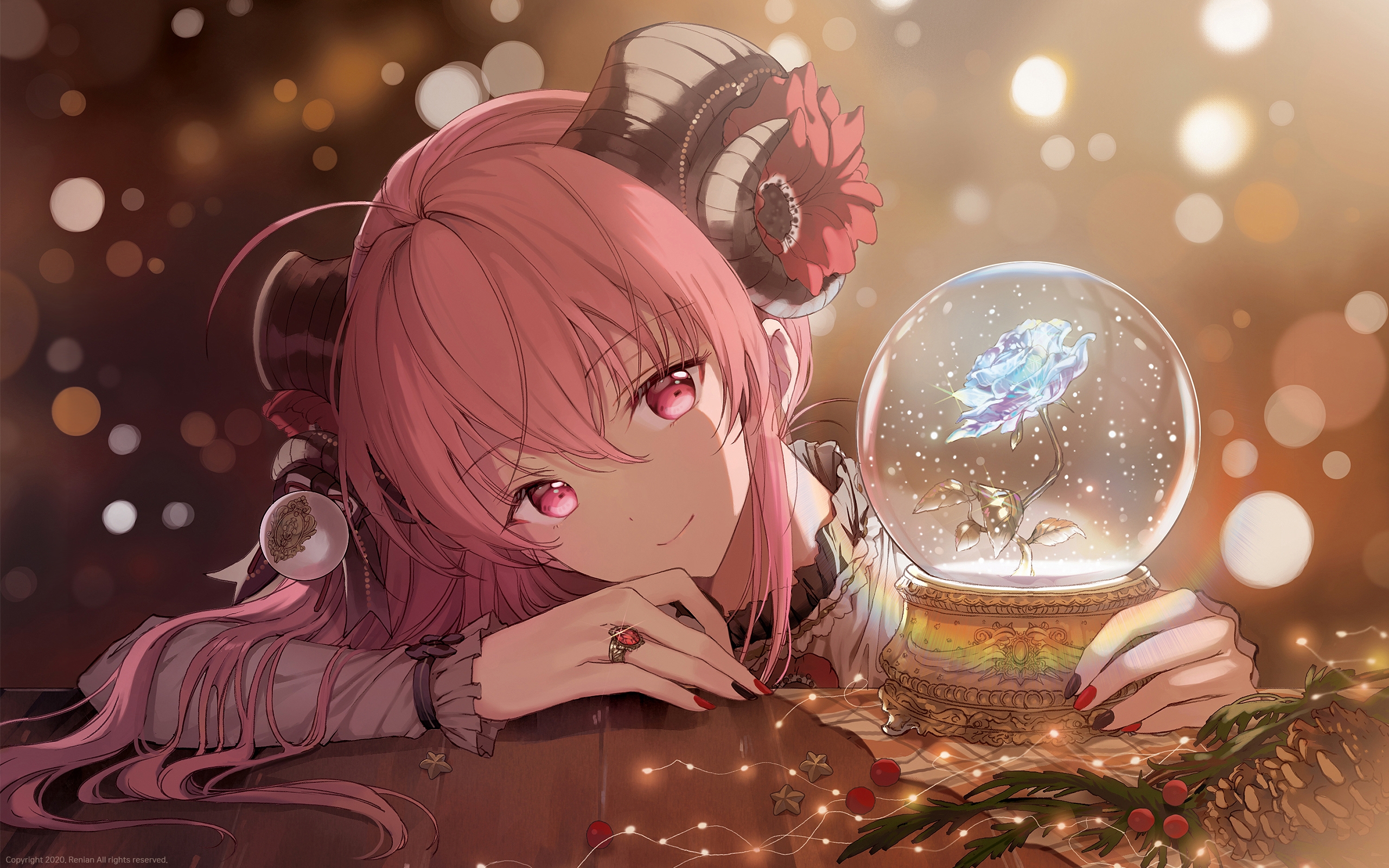 Anime 2560x1600 snow globe pink hair anime girls horns long hair watermarked lights rings smiling table painted nails blurred blurry background flowers flower in hair pink eyes rainbows