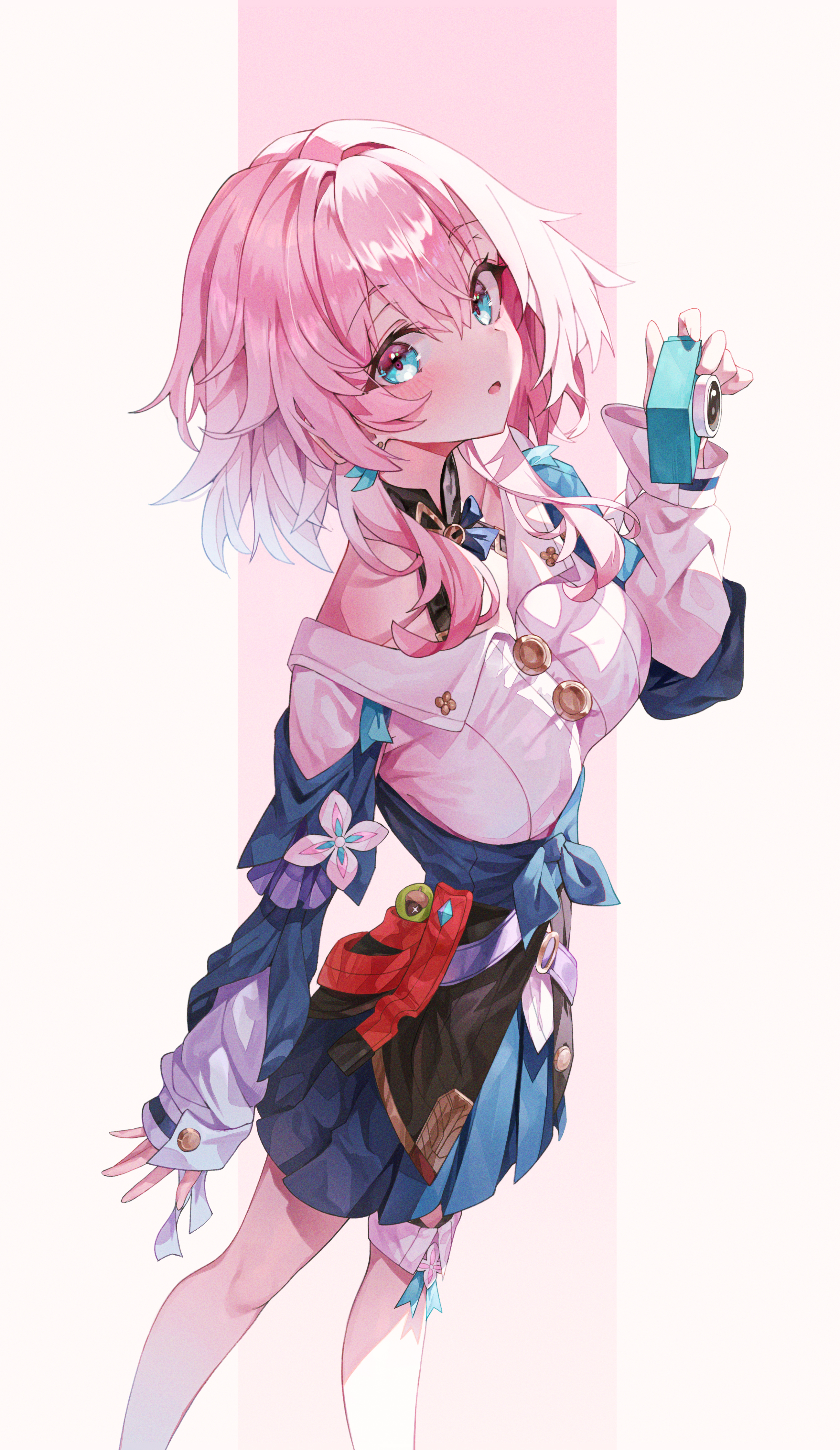 Anime 2598x4482 anime Pixiv March 7th (Honkai: Star Rail) anime girls blushing Honkai: Star Rail pink hair blue eyes portrait display camera looking at viewer short hair minimalism simple background earring skirt