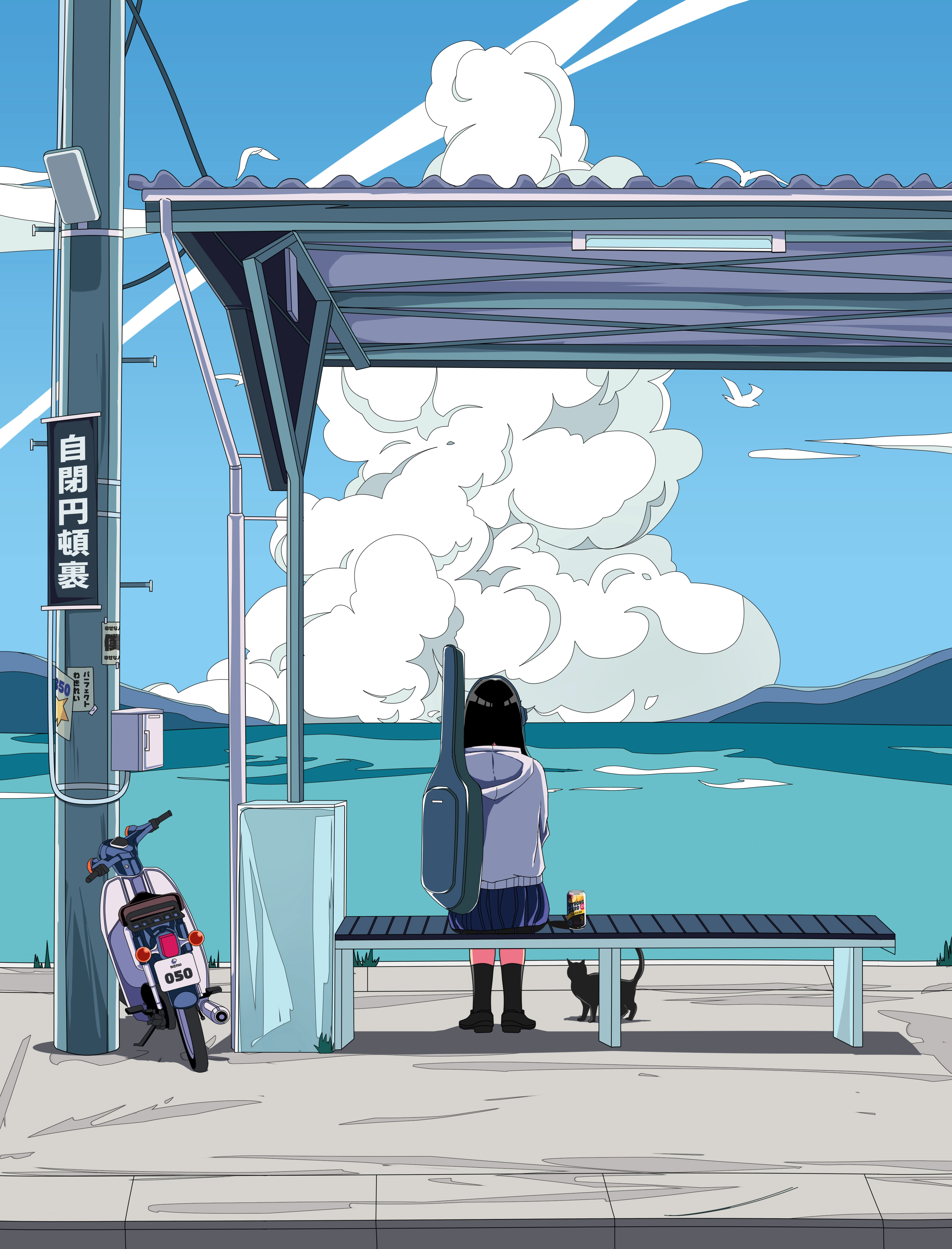 Anime 3700x4848 digital art artwork illustration sitting women cats clouds bus stop motorcycle black cats white hoodie portrait display water anime girls vehicle sky Japanese bench animals can drink
