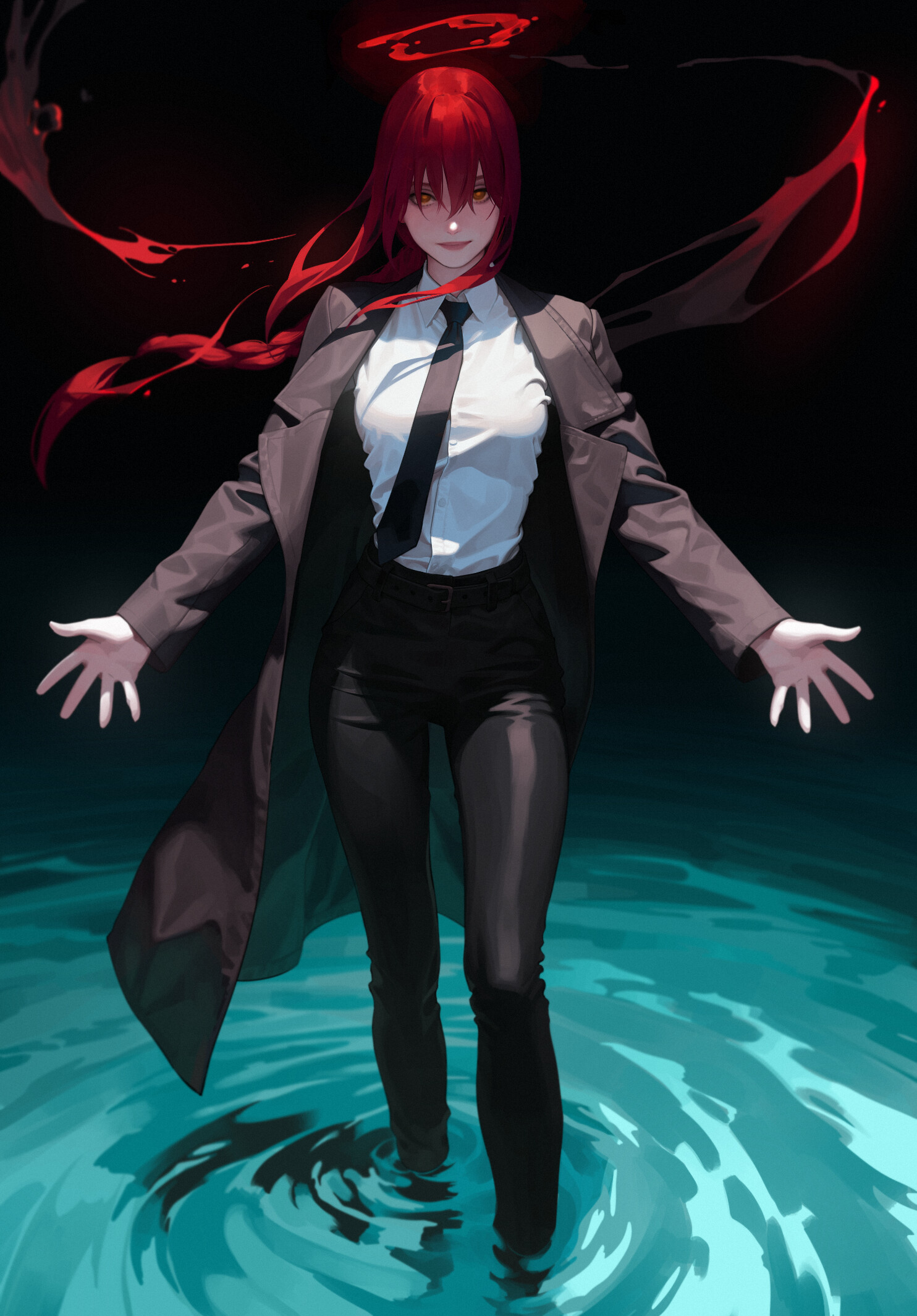 Anime 1484x2129 Makima (Chainsaw Man) illustration women anime Chainsaw Man water Abbys tea anime girls portrait display redhead long hair looking at viewer standing standing in water tie suit and tie minimalism simple background braids closed mouth ponytail smiling open jacket
