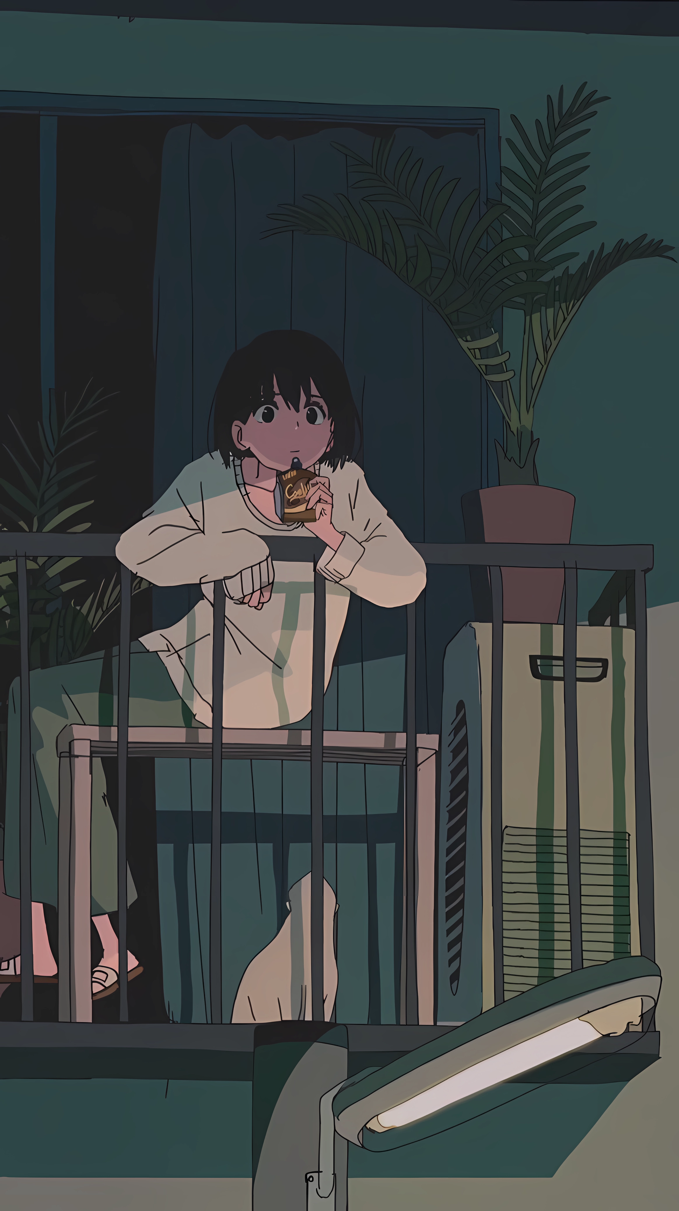 Anime 2328x4152 Komugiko2000 anime girls portrait display sitting short hair plants curtains vases balcony street light
