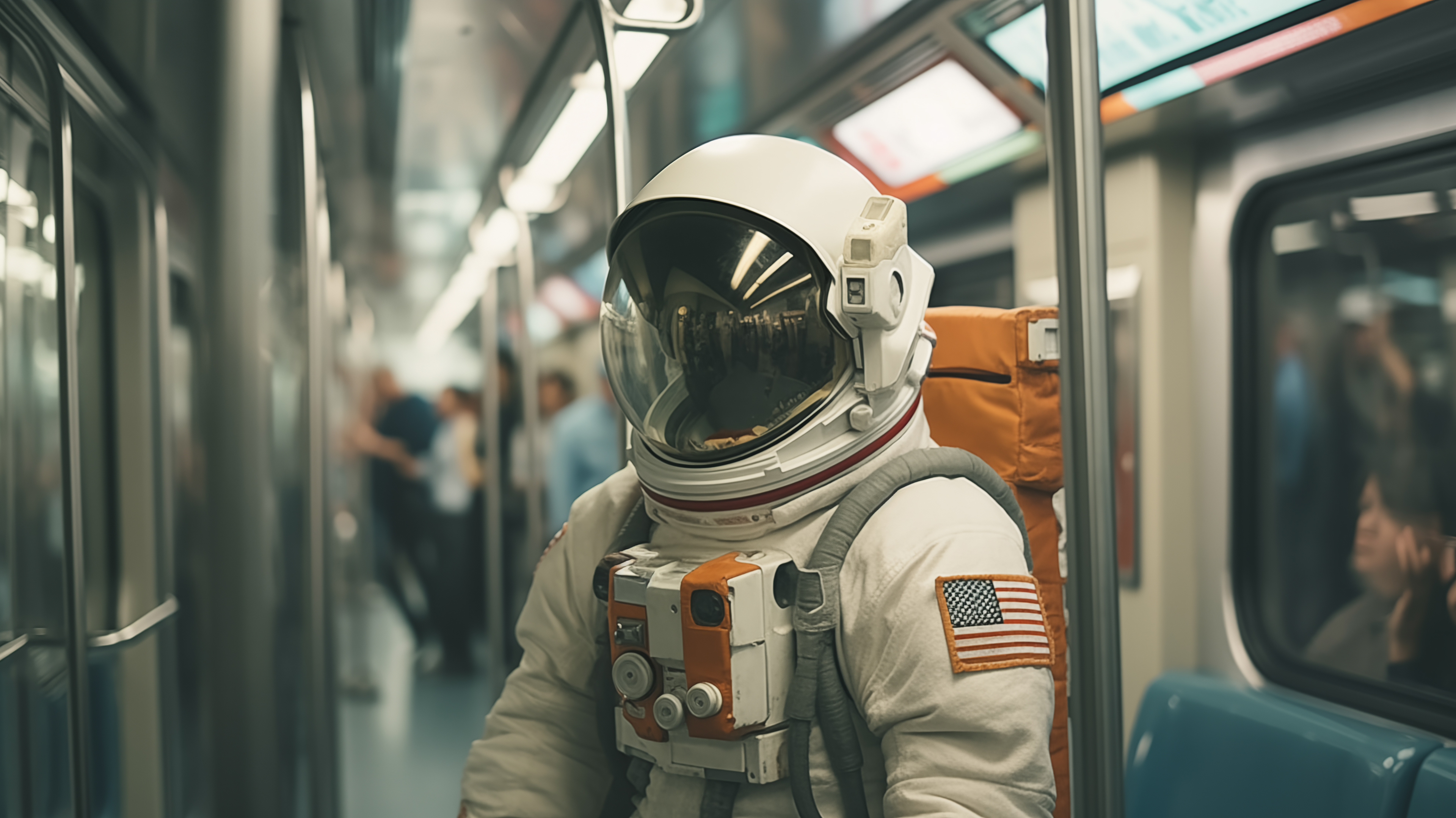 General 3840x2160 AI art astronaut helmet subway blurred blurry background digital art spacesuit American flag