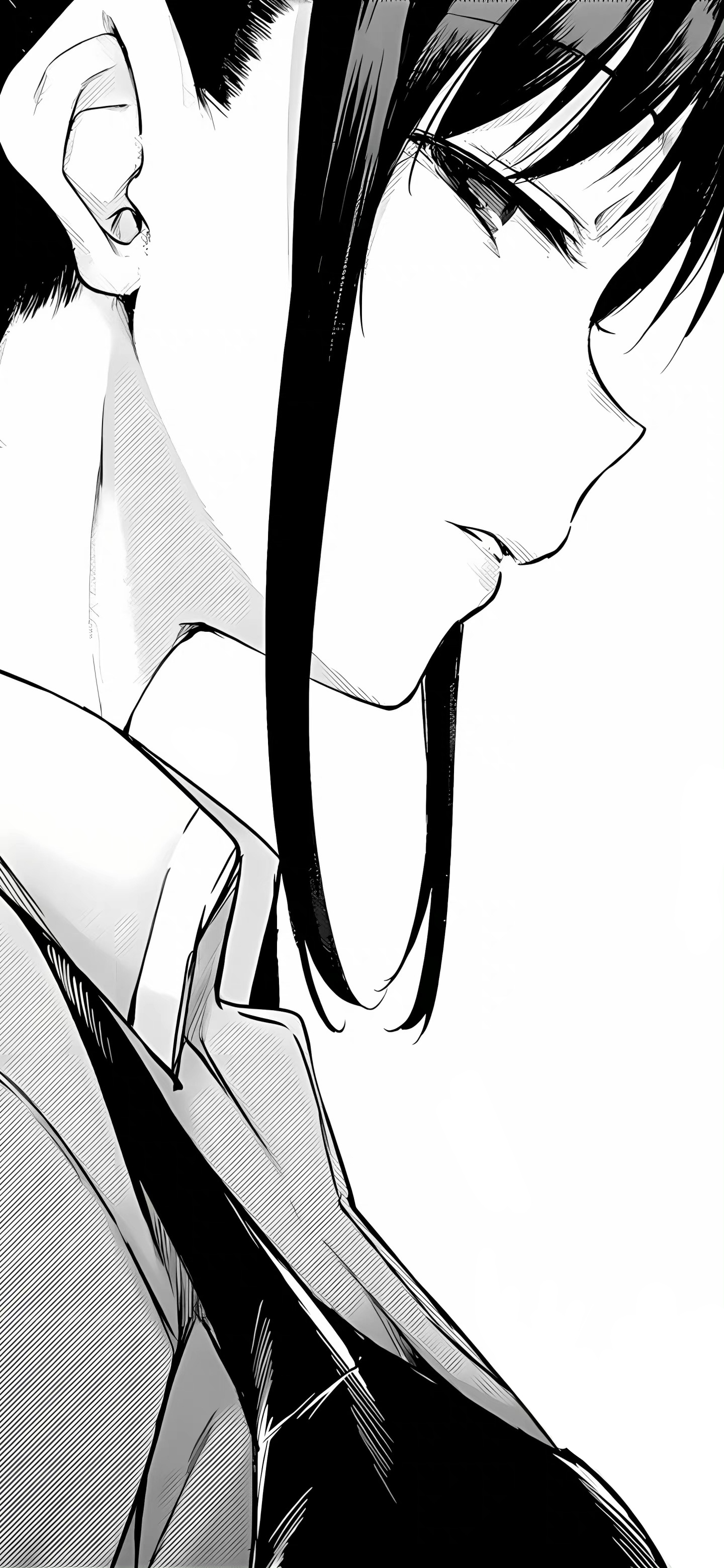 Anime 1440x3120 anime anime girls portrait display manga looking at viewer face looking sideways short hair shoulder length hair parted lips monochrome