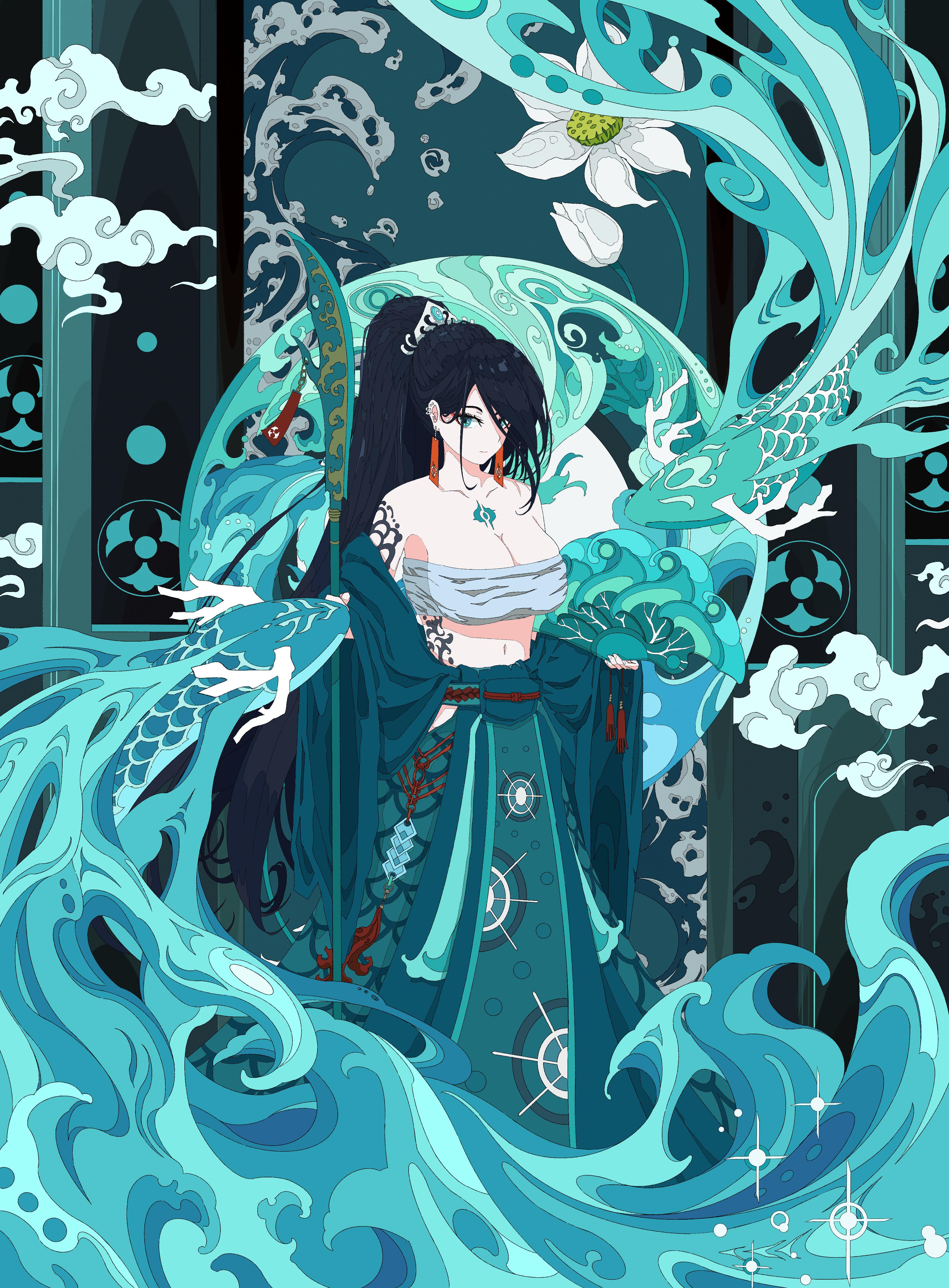 Anime 3500x4750 Umijin anime anime girls artwork koi fish water Traditional Chinese clothing cleavage big boobs looking at viewer ponytail smiling closed mouth earring ear piercing long hair tattoo fans fish animals portrait display blue eyes black hair