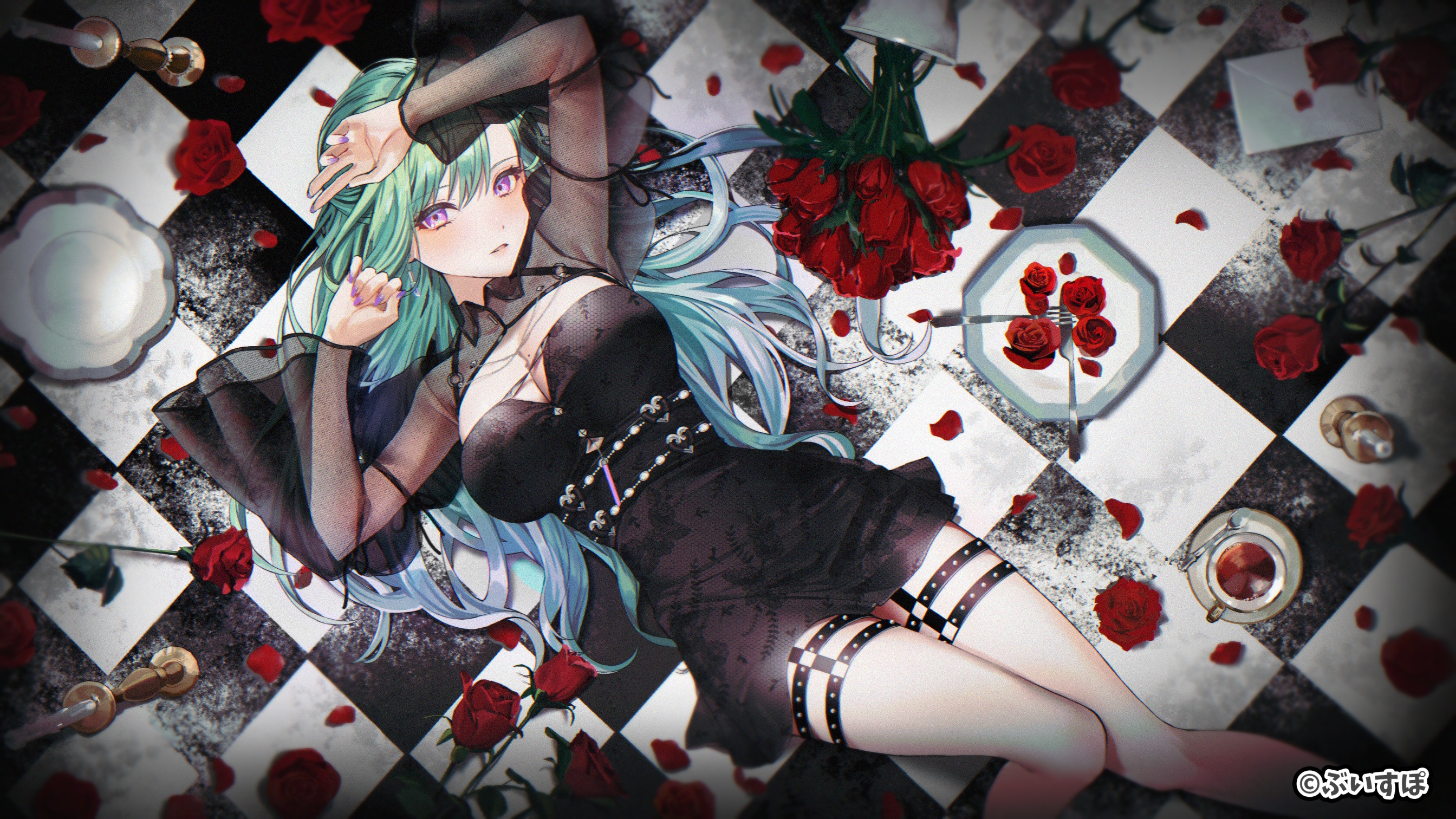 Anime 2688x1512 anime anime girls watermarked on the floor lying down lying on back rose looking at viewer checkered long hair cleavage big boobs dress arms up cup spoon fork knife plates petals drink moles mole on breast high angle red flowers