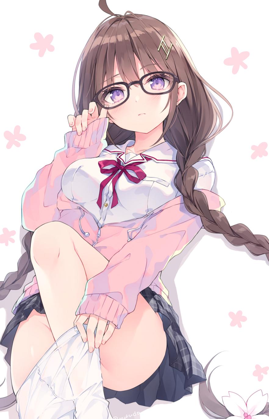 Anime 882x1372 Rurudo anime anime girls long hair twintails glasses big boobs portrait display blushing white background braids simple background jacket strategic covering frown looking at viewer brunette purple eyes upskirt