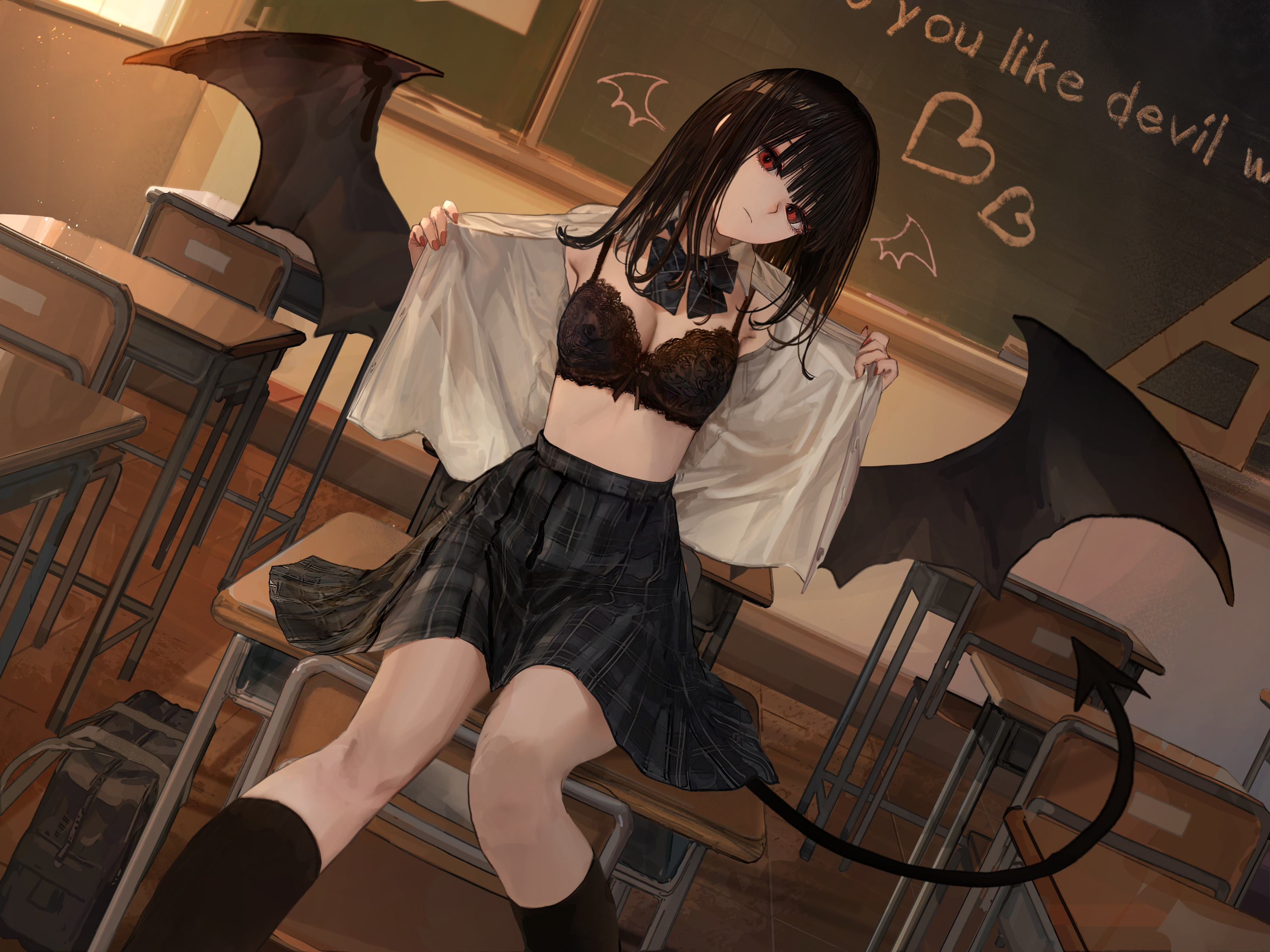 Anime 3200x2400 anime anime girls black hair red eyes school uniform black bras black wings classroom demon tail schoolgirl indoors women indoors desk chair sitting bow tie small boobs cleavage demon girls wings looking at viewer sunset sunset glow bag chalkboard bare midriff closed mouth skirt