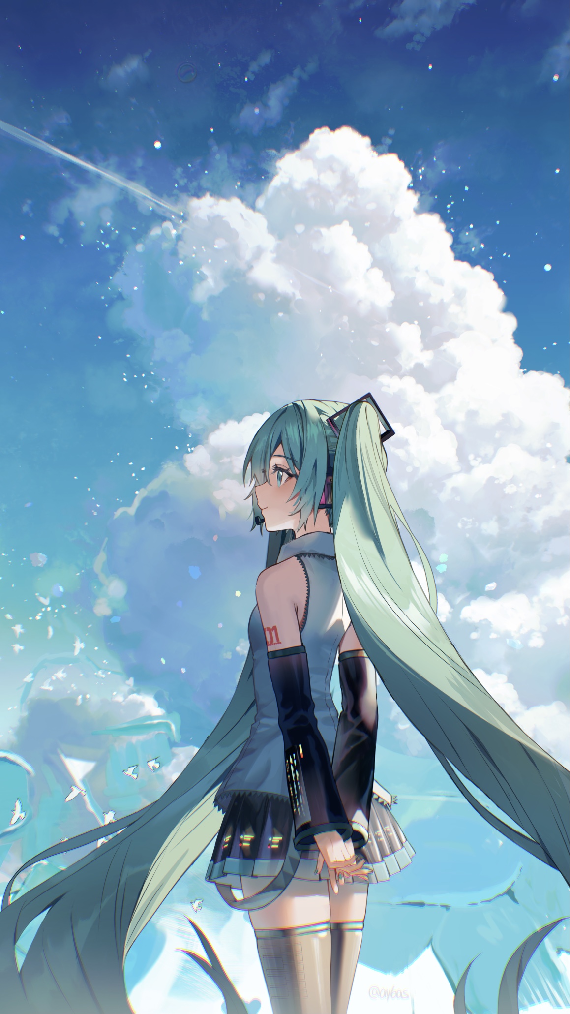 Anime 1159x2061 anime girls portrait display Hatsune Miku Vocaloid twintails long hair blue hair blue eyes looking away standing sky clouds skirt frills bare shoulders